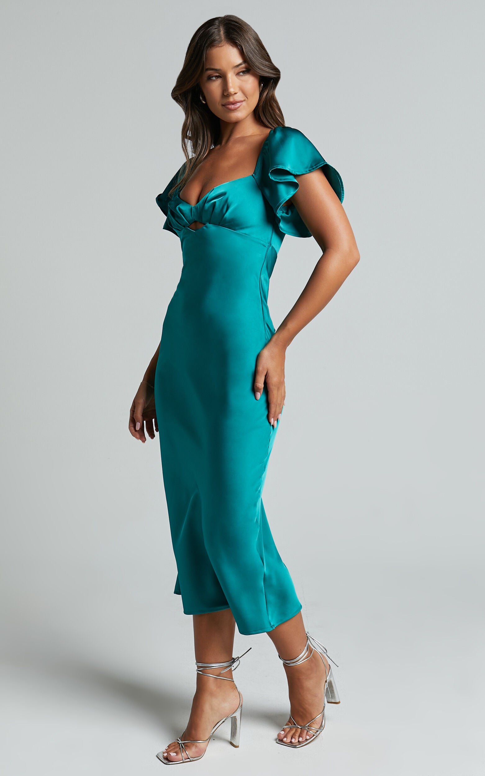 Emberlynn Midi Dress - Flutter Sleeve Cut Out Satin Dress in Teal