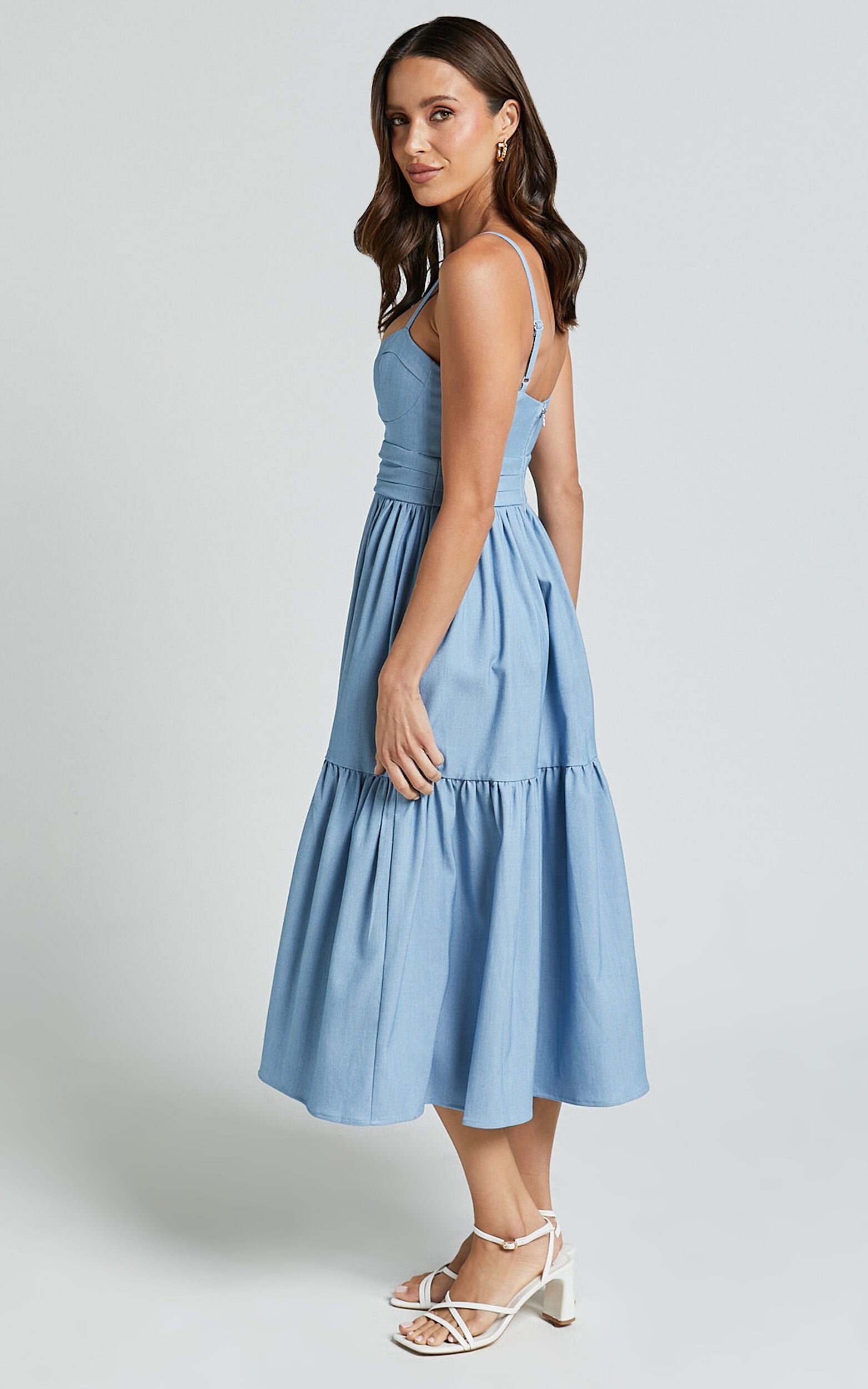 Gem Midi Dress - Strappy Sweetheart Tier Dress in Light Blue
