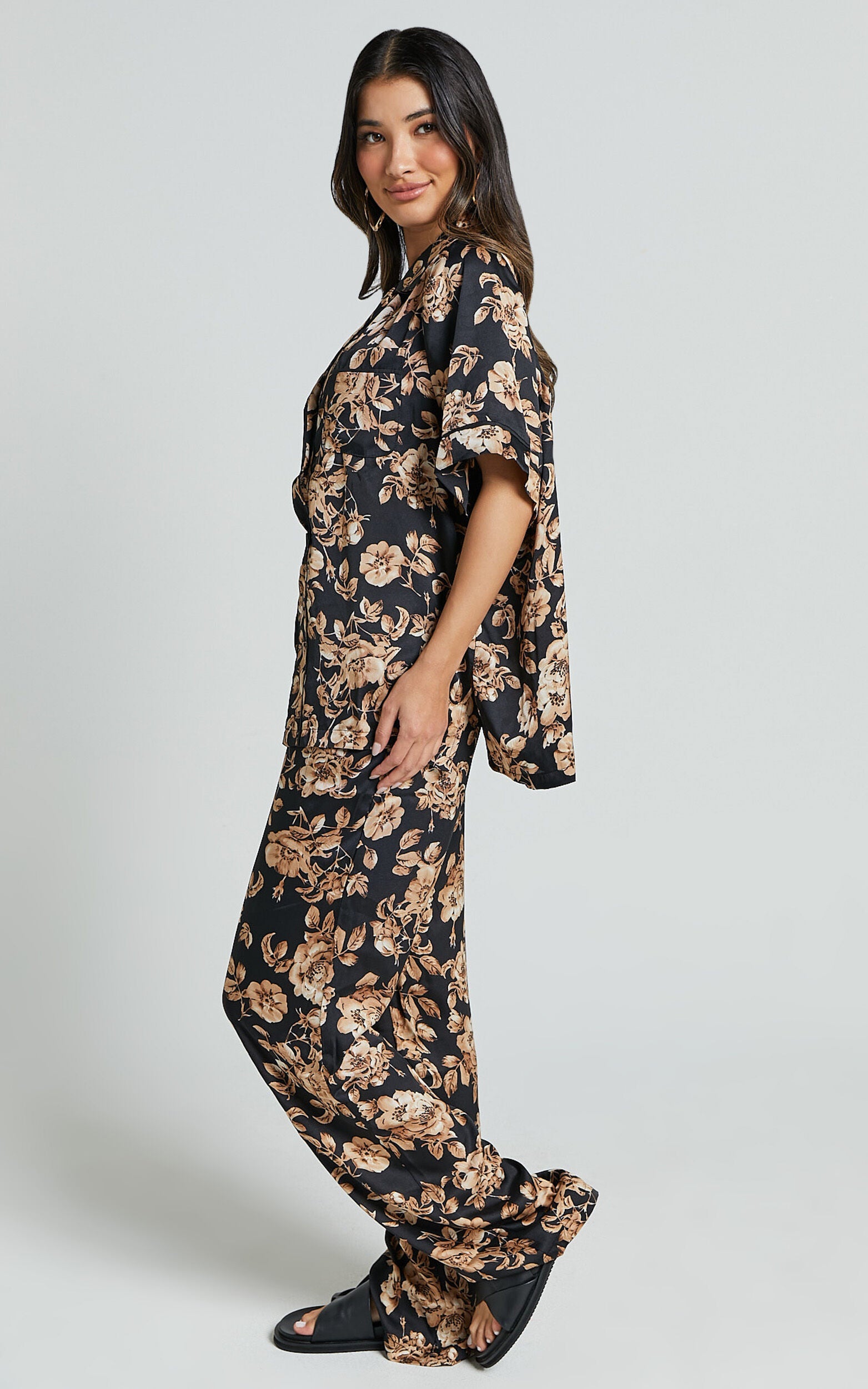 Laila Pants - High Waisted Wide Leg Pants in Black Floral