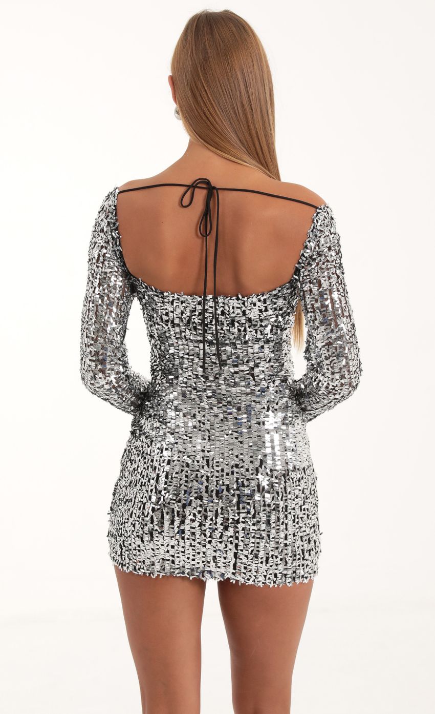 Sequin Mesh Long Sleeve Dress in Silver