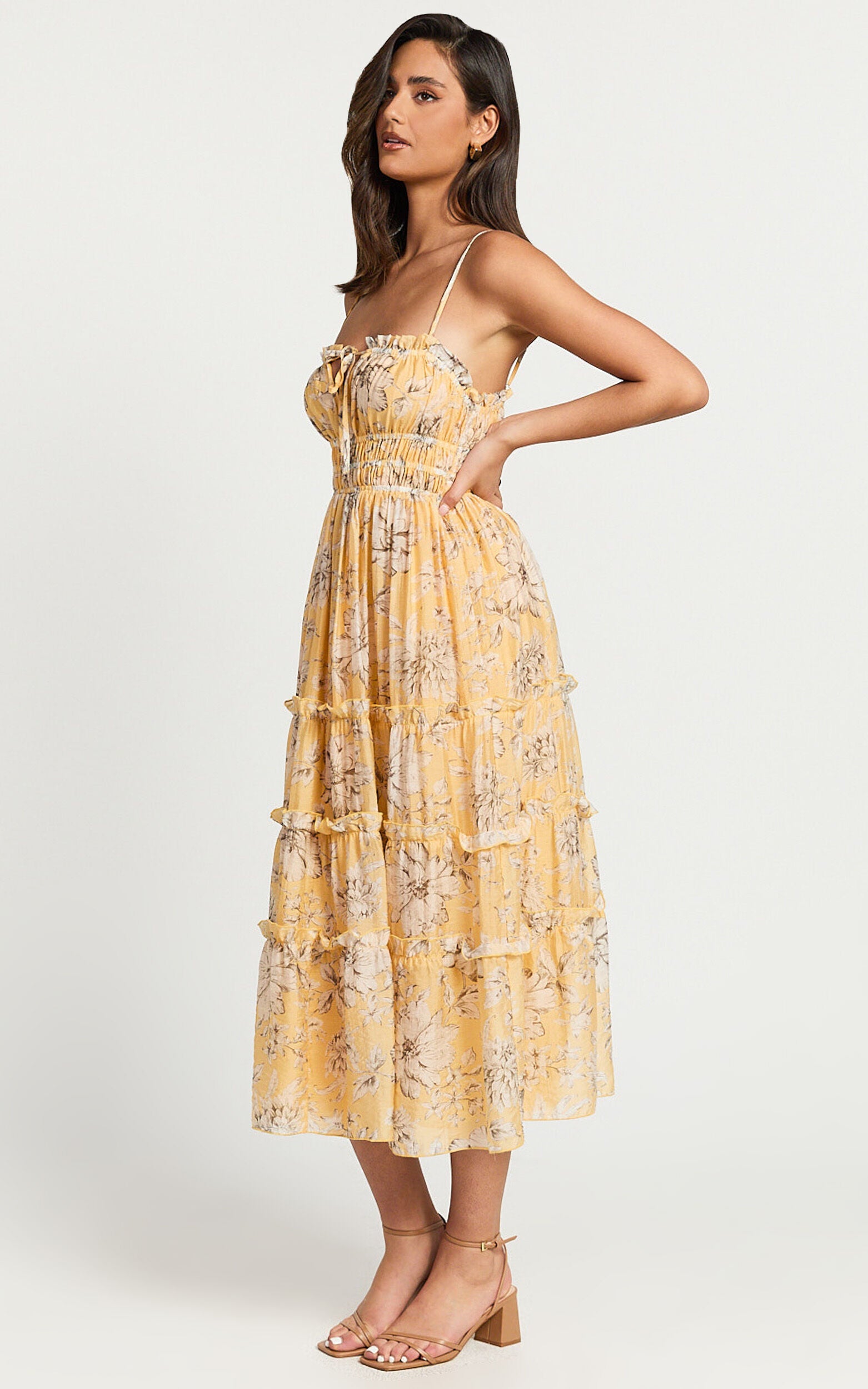 Fran Midi Dress - Ruched Tie Front Tiered Dress in Yellow Floral