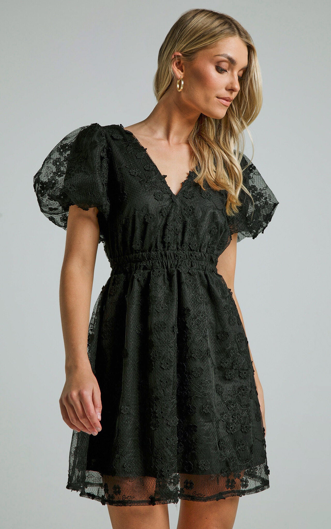 Marciana Mini Dress - V Neck Puff Sleeve With Lace Dress in Black