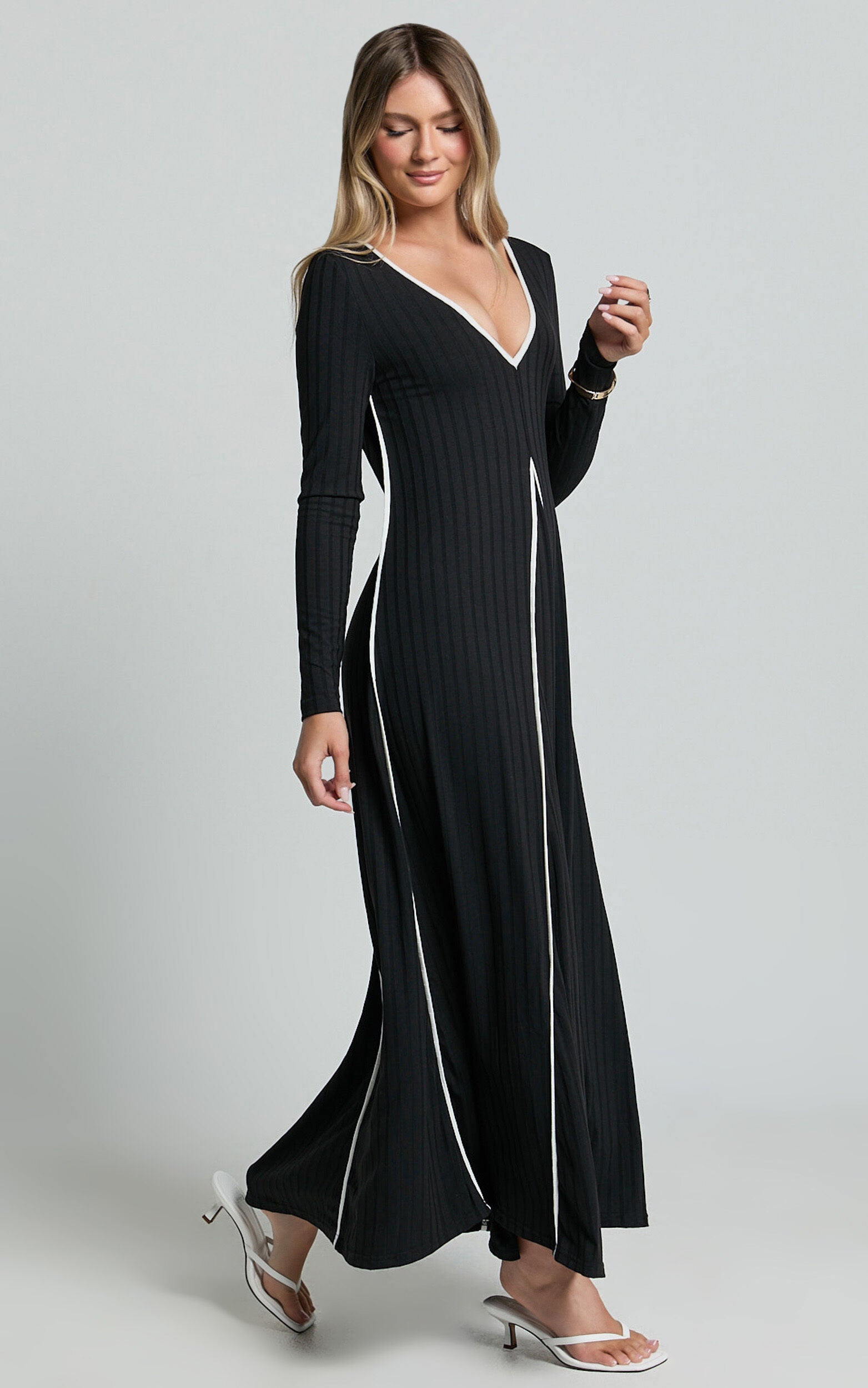 Margie Midi Dress - Long Sleeve Contrast Bind Ribbed Dress in Black