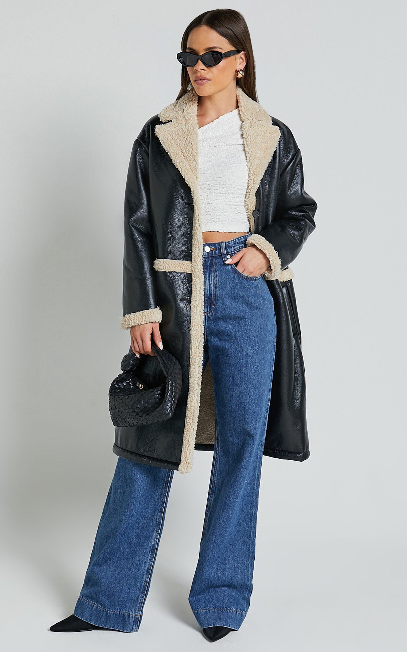 Jan Coat - Longline Faux Shearling Aviator Coat in Black