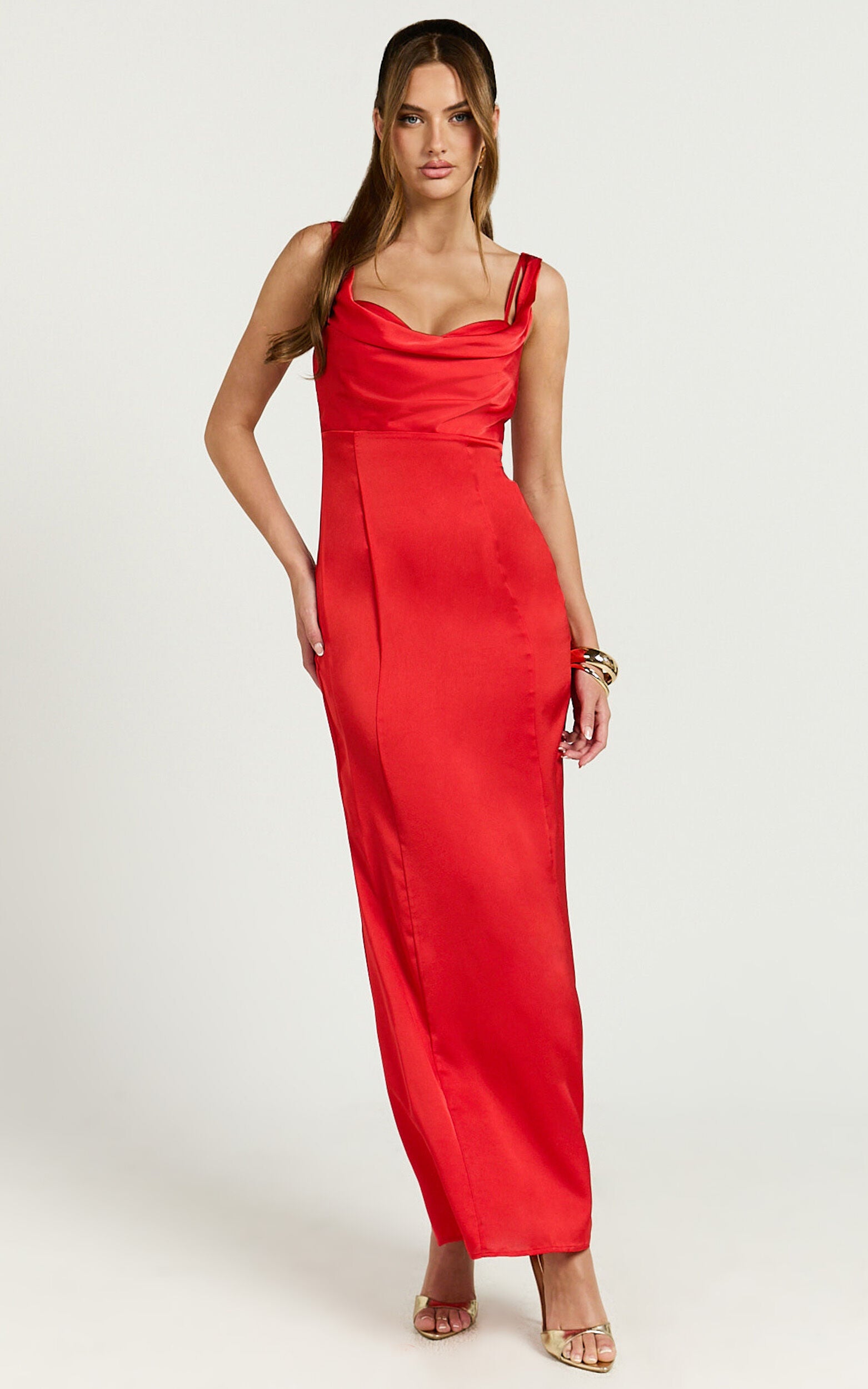 Grace Maxi Dress - Cowl Neck Satin Slip Dress in Coral Red