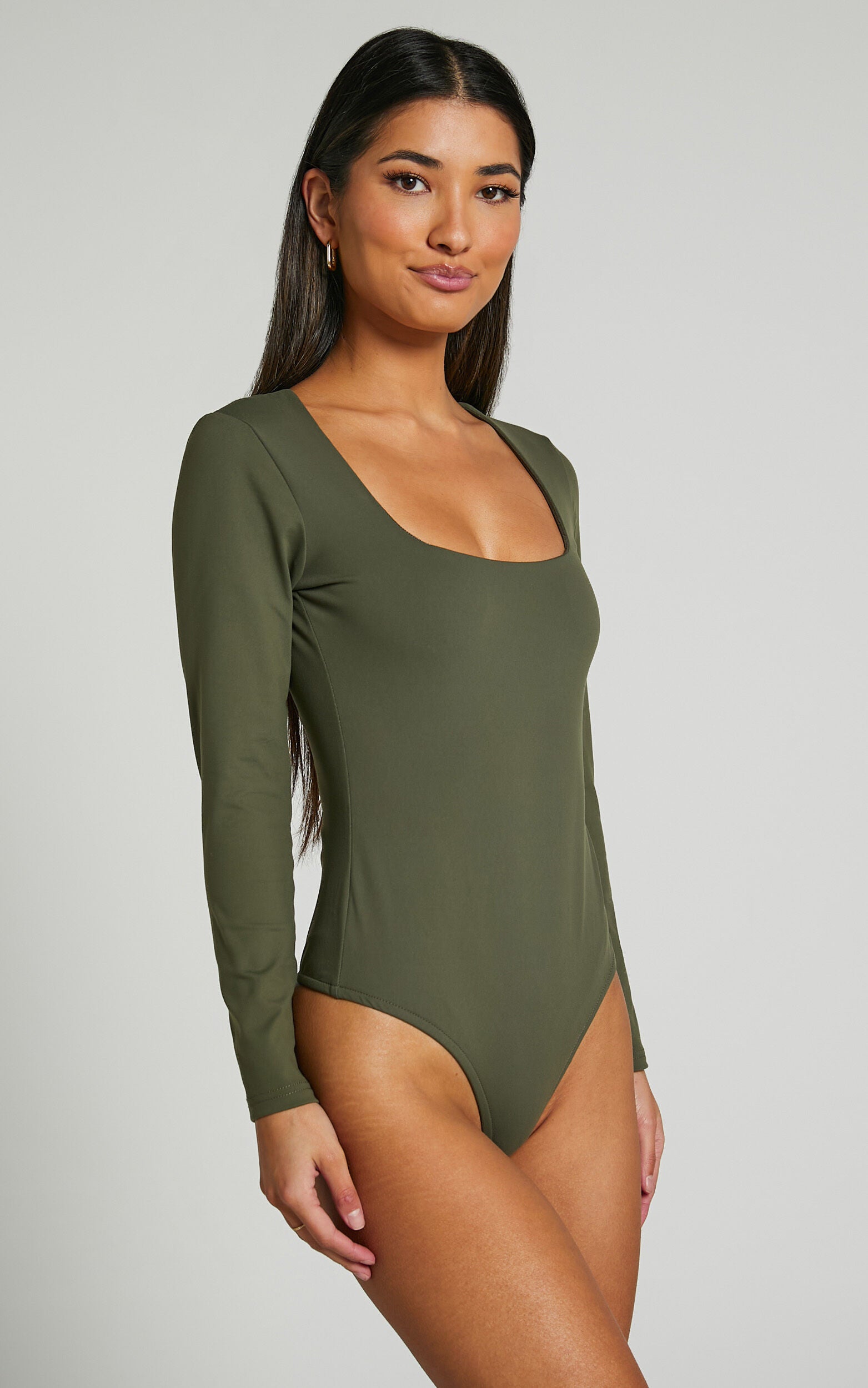 Elia Bodysuit - Square Neck Long Sleeve Bodysuit in Olive