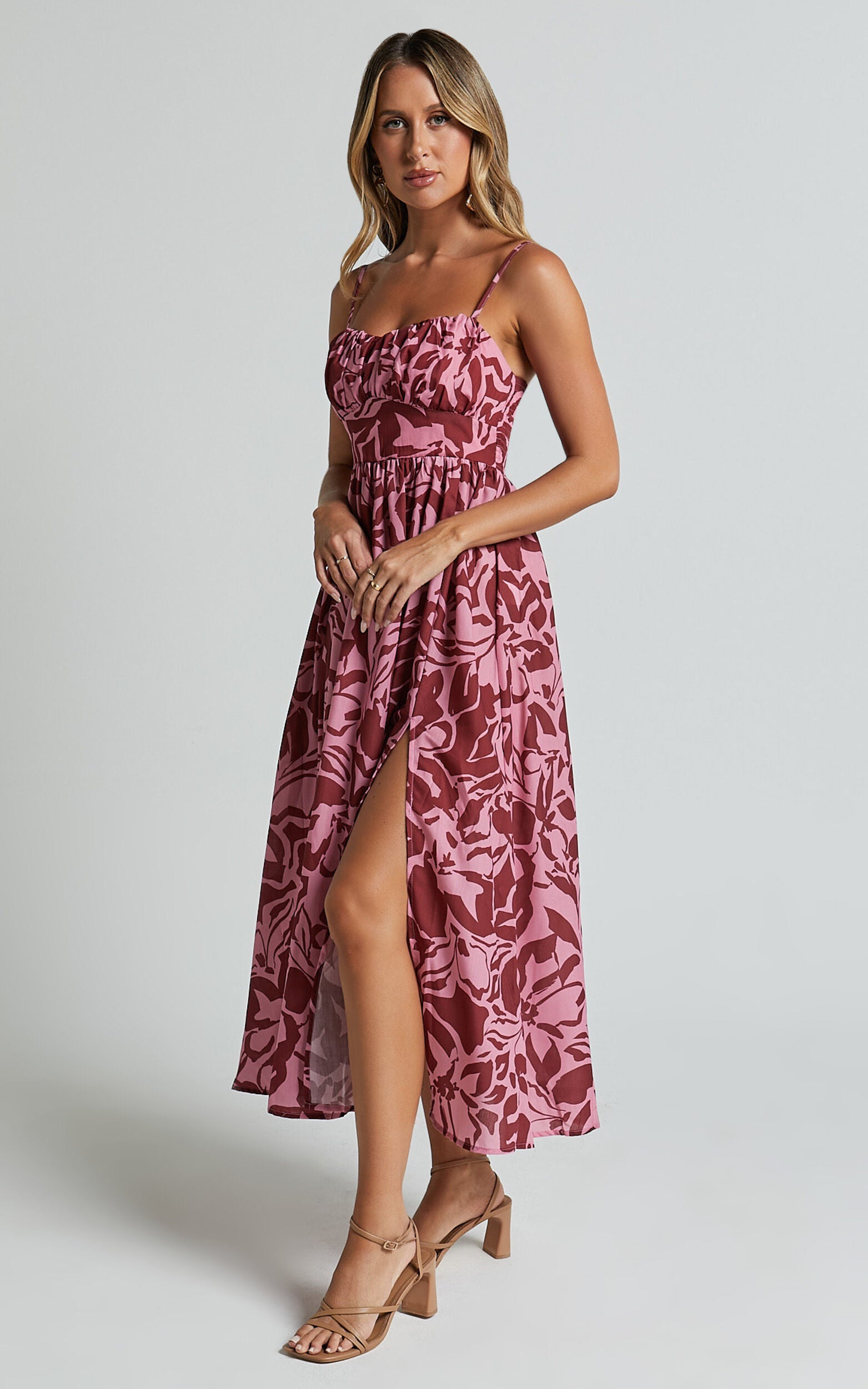 Lydie Midi Dress - Strappy Ruched Bust Shirred Back Dress in Whirlwind Floral Print