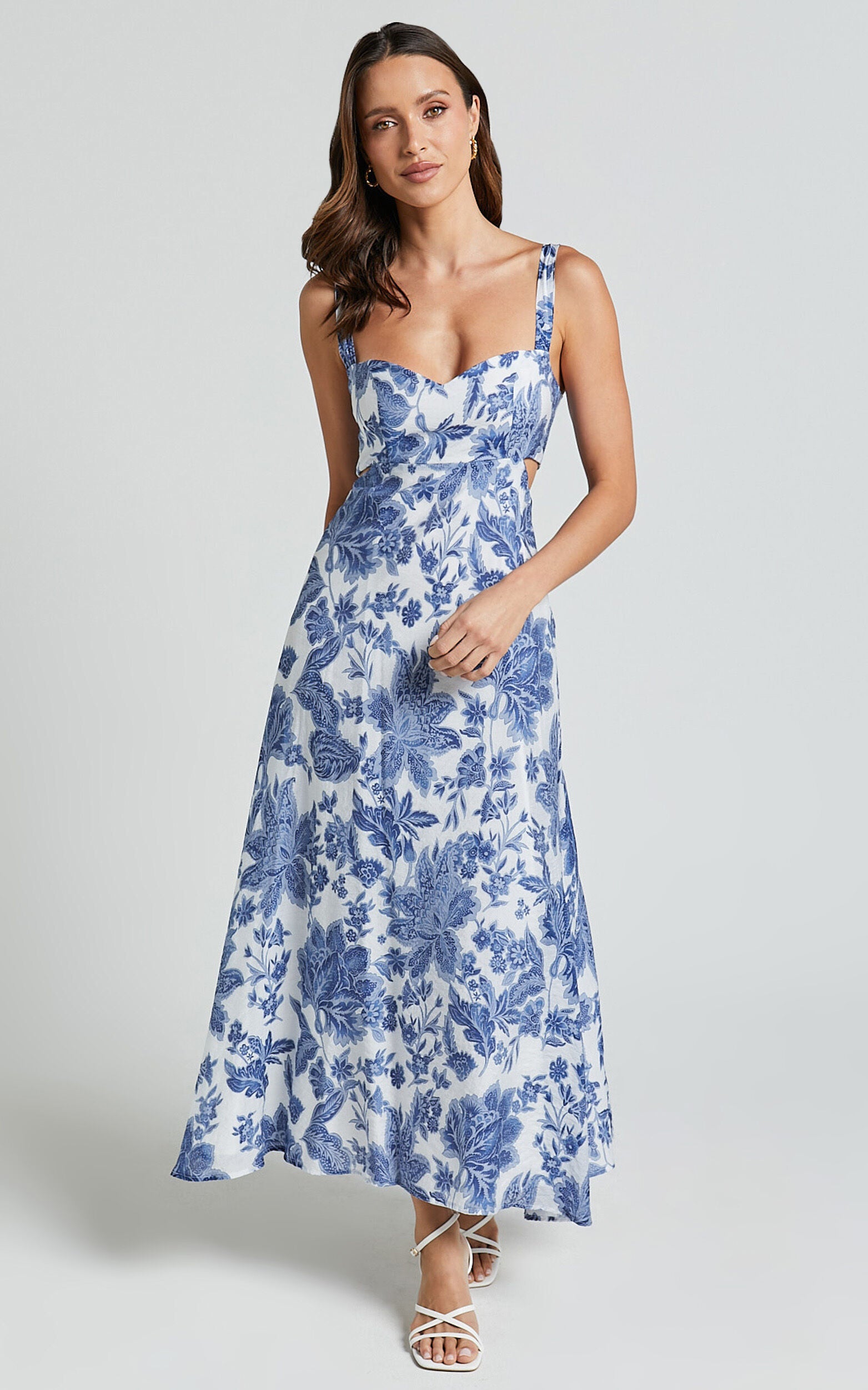 Jackleyn Midi Dress - Sweetheart A Line Dress in Blue Floral