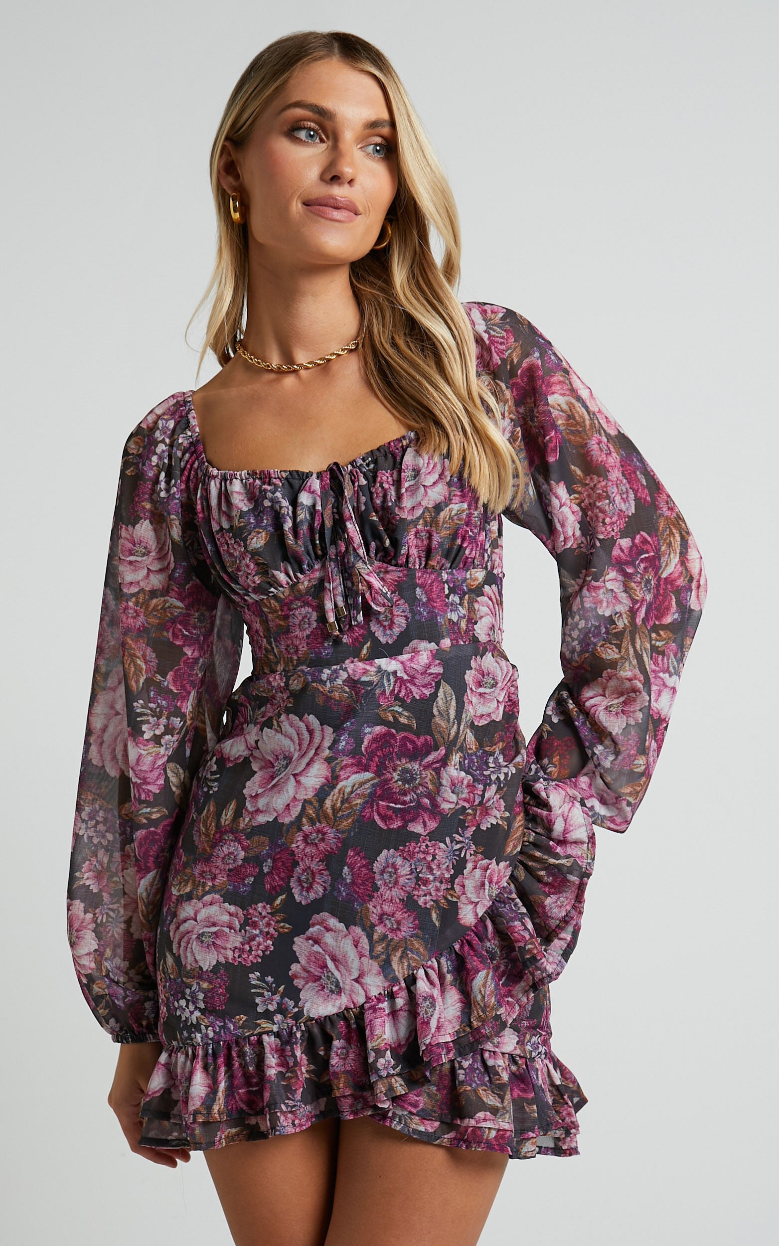 Grizela Mini Dress - Gathered Bust Long Sleeve Dress in Harvest Floral