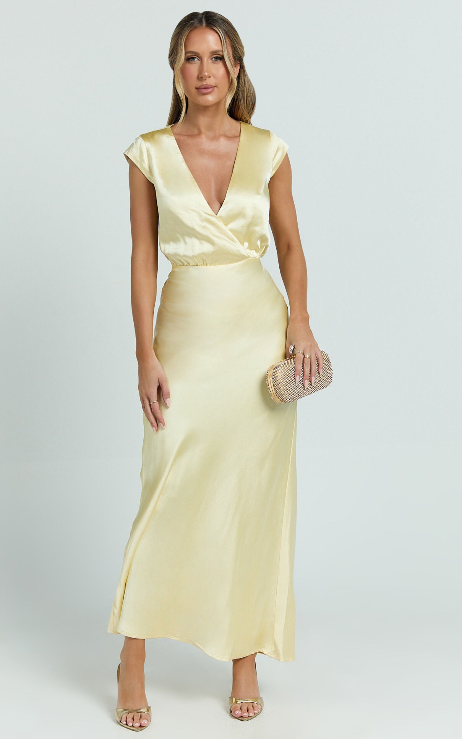 Hailey Maxi Dress - Cap Sleeve V Neck Dress in Lemon