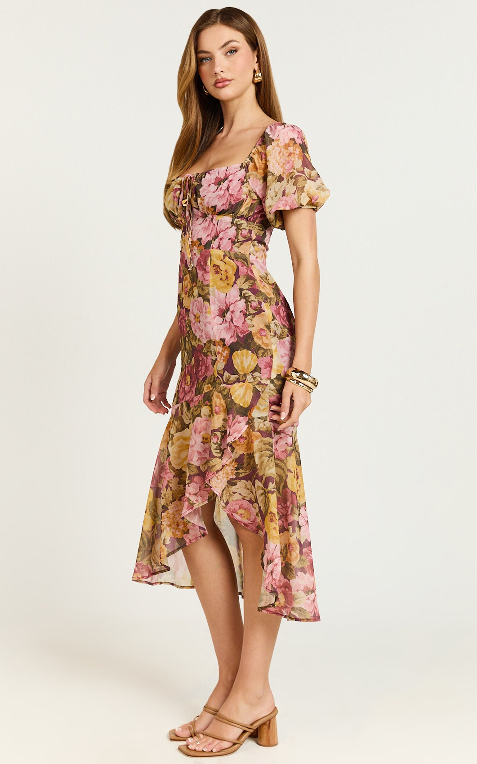 Jasalina Midi Dress - Puff Sleeve Dress in Classic Floral