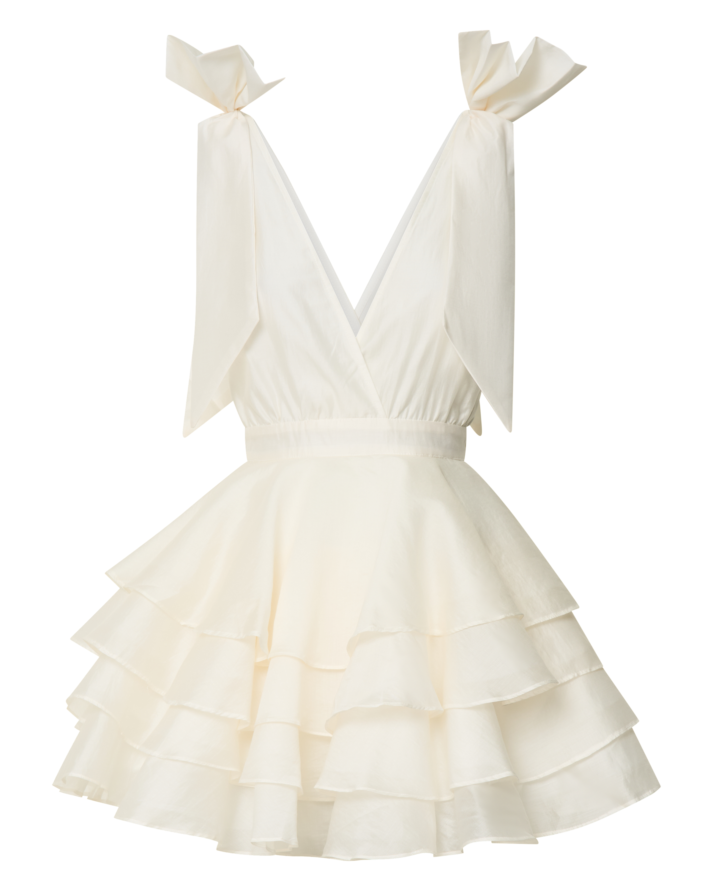 Roxanne Mini Dress - Shoulder Tie Plunge Ruffle Dress in White