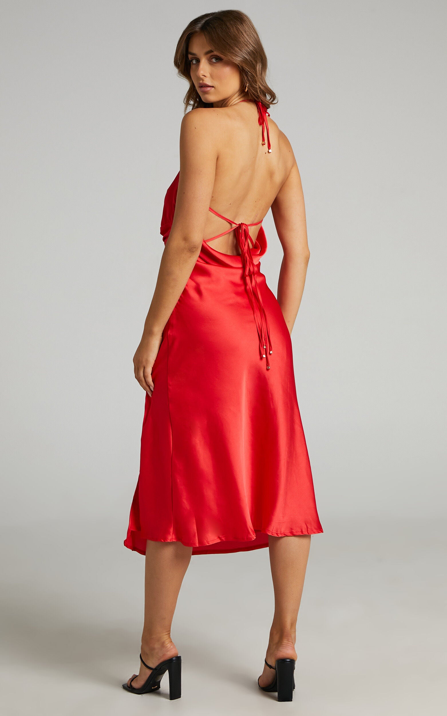 Florentina Midi Dress - Twist Front Open Tie Back Dress in Red