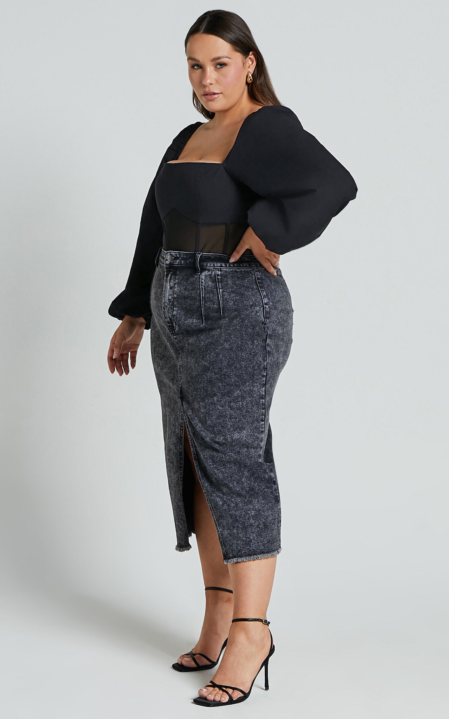 Lincy Bodysuit - Puff Long Sleeve Mesh Waist Detail Bodysuit in Black