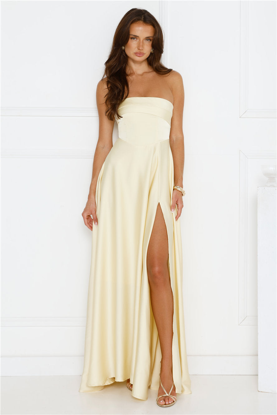 Unspoken Wishes Strapless Satin Maxi Dress Yellow