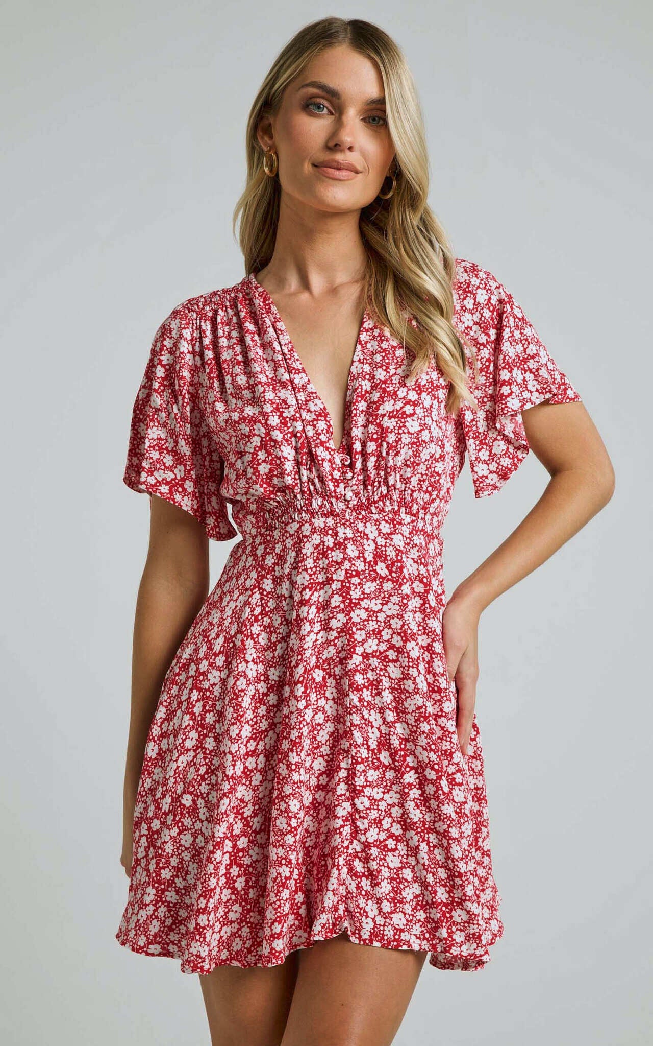 Kharry Mini Dress - Button Through Short Flutter Sleeve Waist Tie in Red Floral