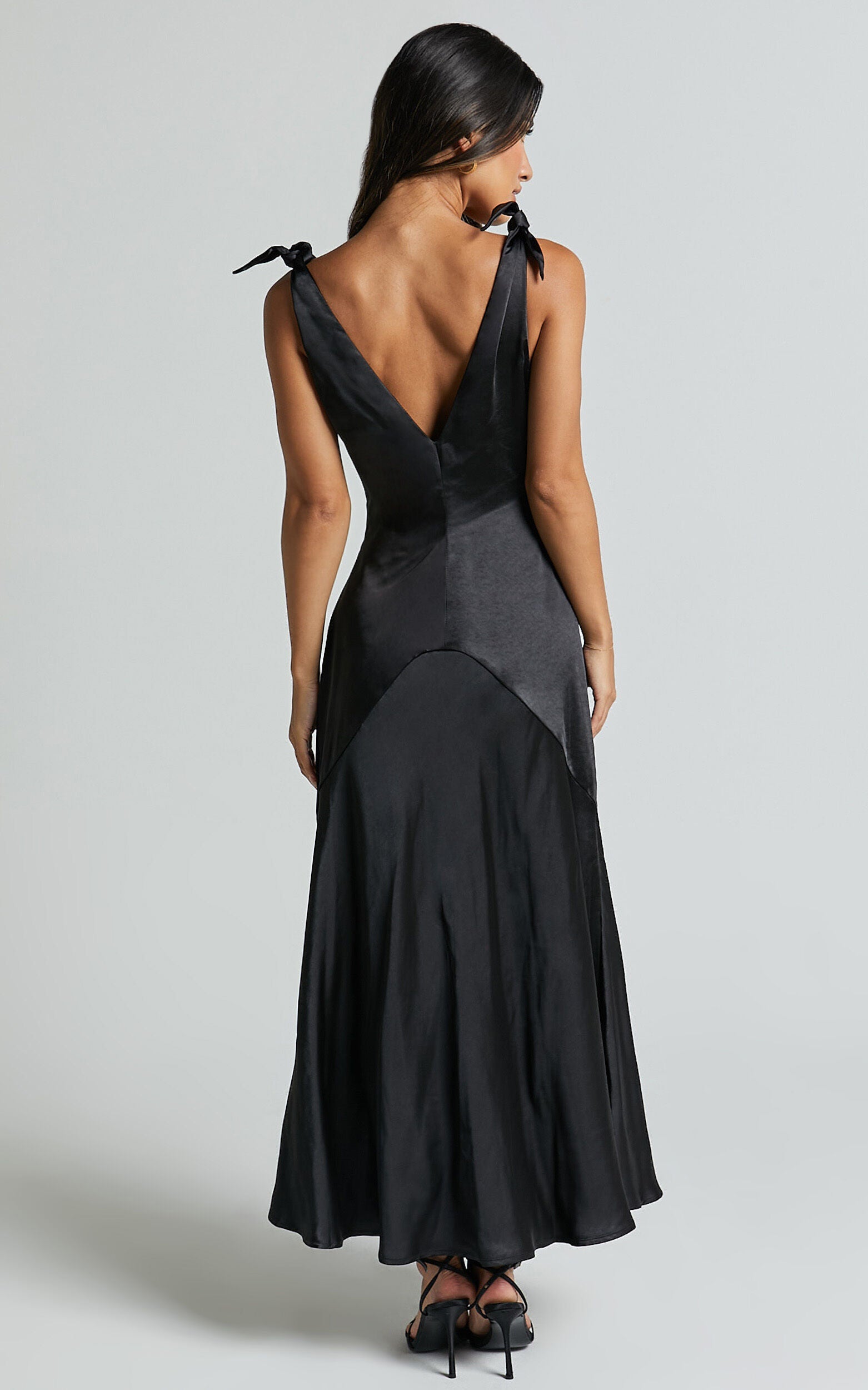 Hart Midi Dress - Tie Shoulder Plunge Satin Dress in Black
