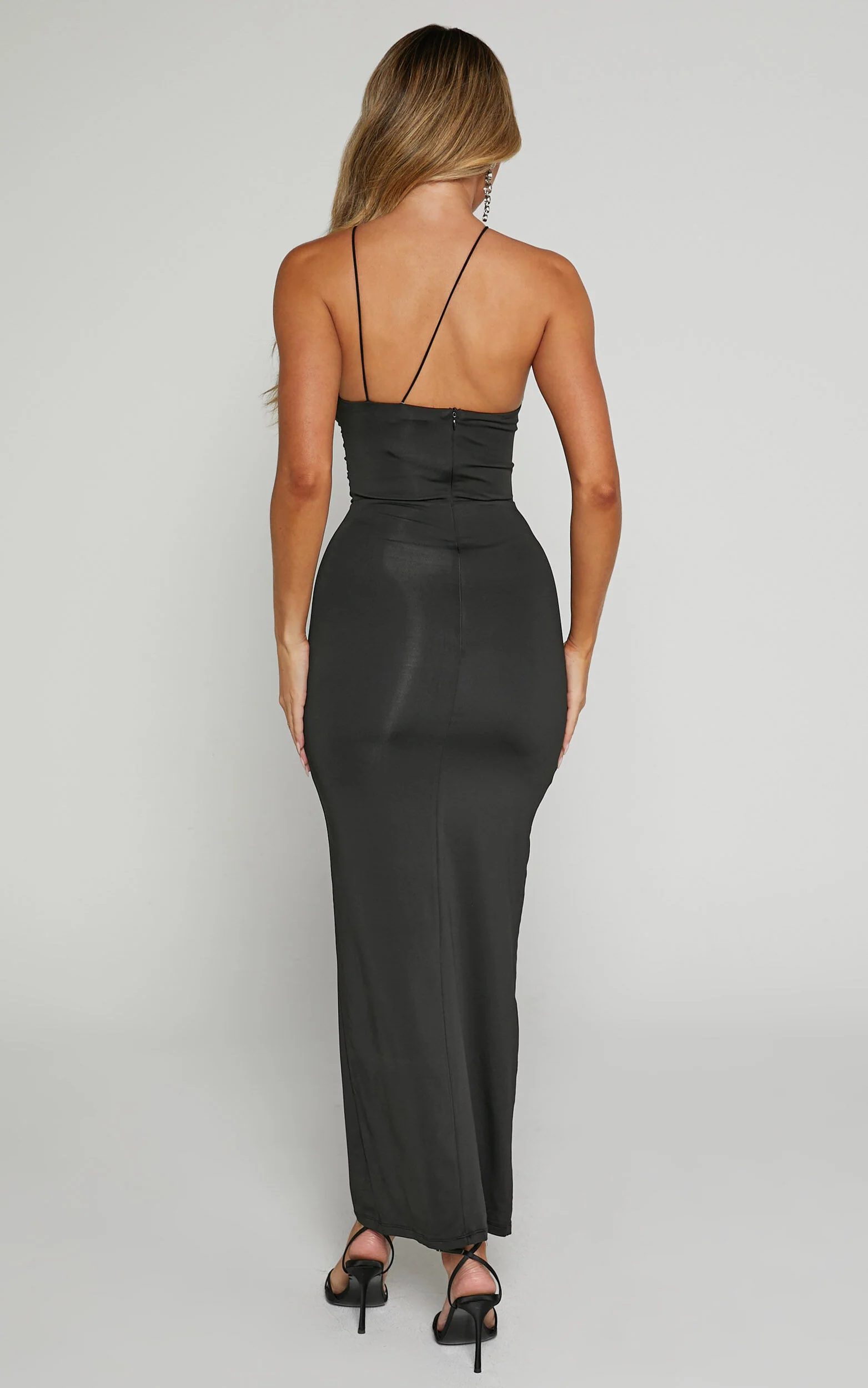 Teagan Midi Dress - Bodycon Ruched Asymmetric Strap Rosette Dress in Black