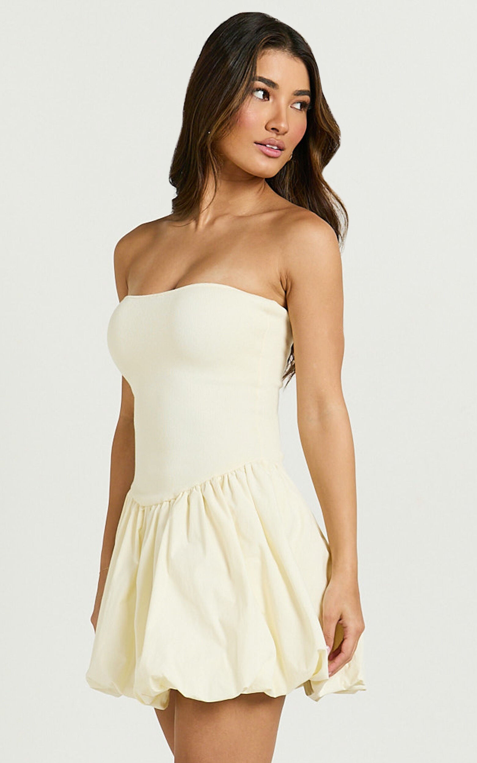 Harley Mini Dress - Strapless Drop Waist Bubble Hem Contrast Dress in Cream