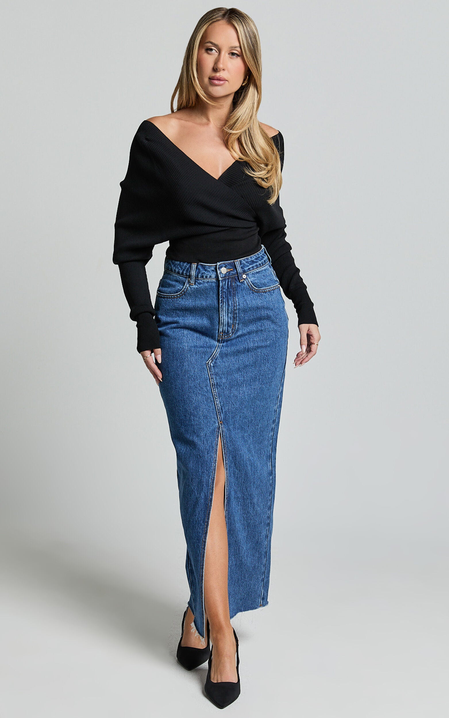 Kira Midi Skirt - Front Split Denim Skirt in Dark Blue Wash