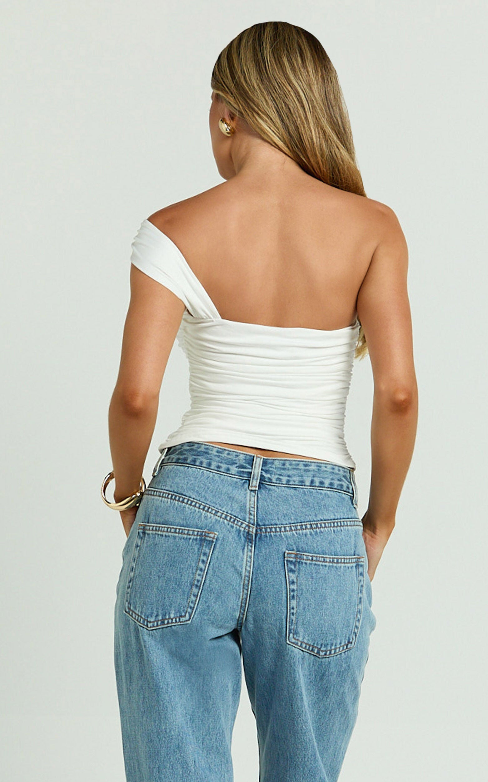 Lennox Top - Asymmetrical Gathered Shoulder Jersey Top in White
