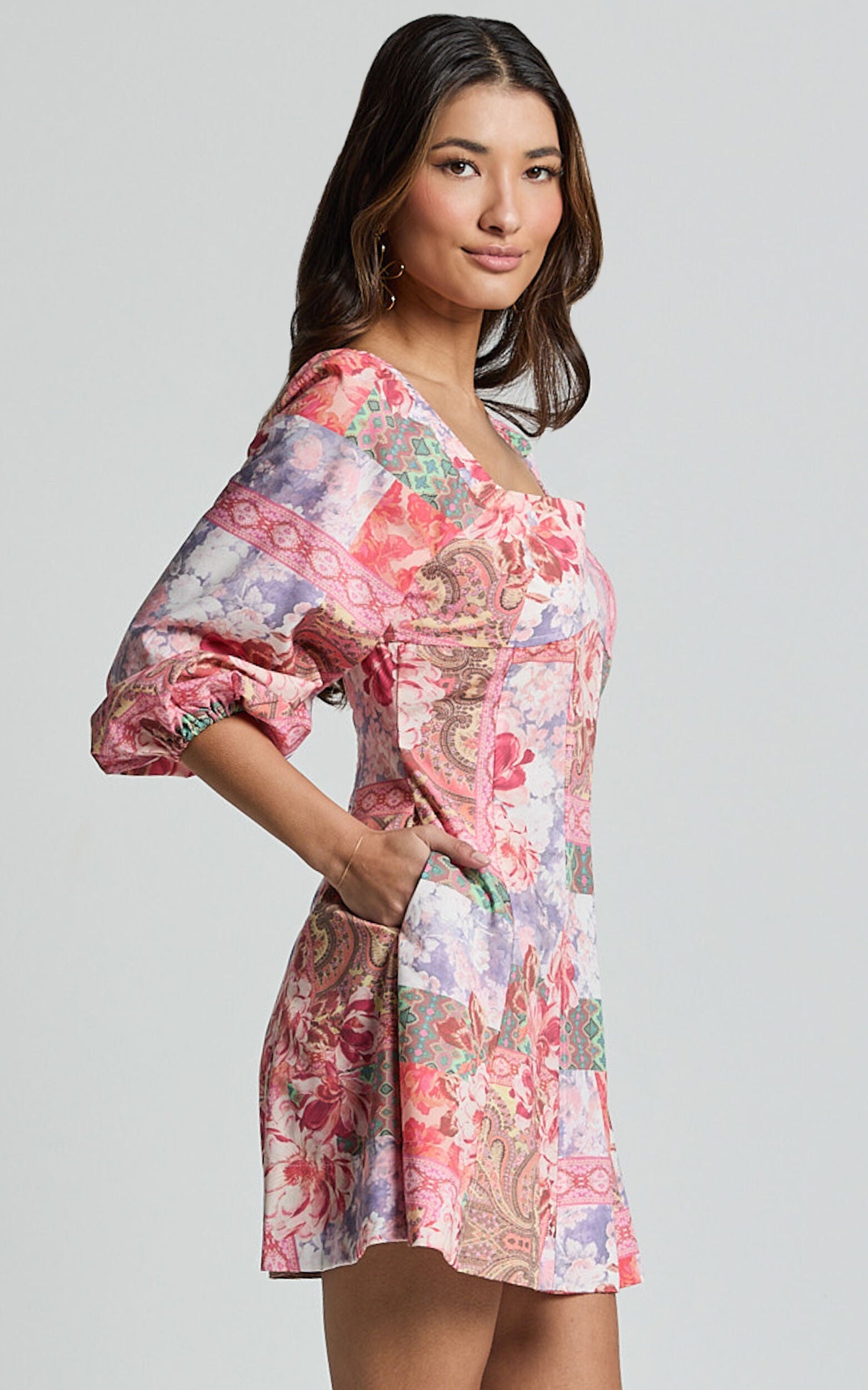 Enya Mini Dress - Puff Sleeve Empire Waist Dress in Floral Mosaic Print