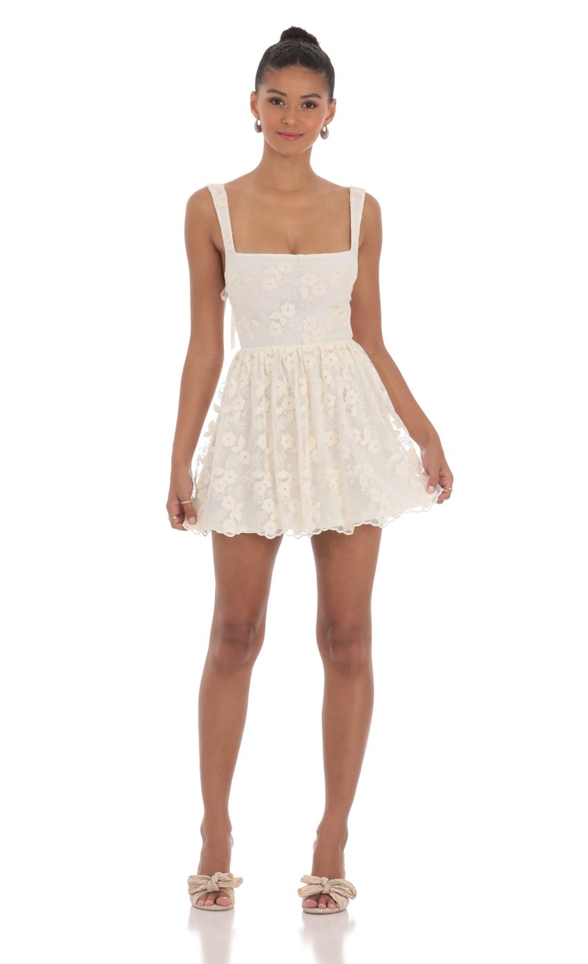 Floral Mesh Lace A-line Dress in Cream