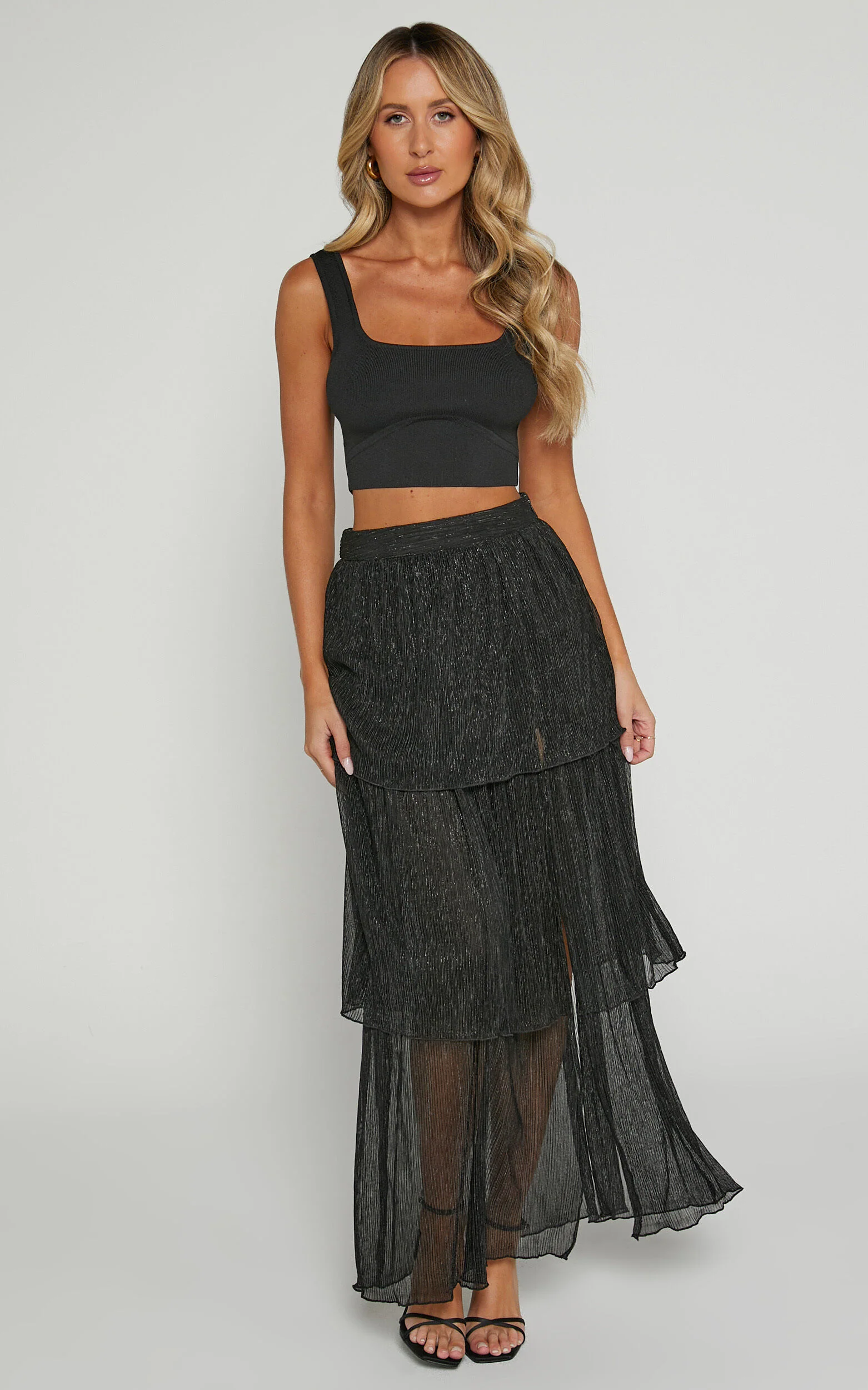 Daisy Maxi Skirt - High Waisted Thigh Split Skirt in Black
