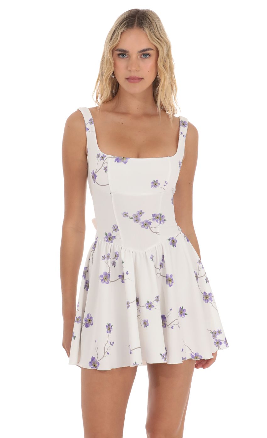 Floral Open Back Flare Dress in White