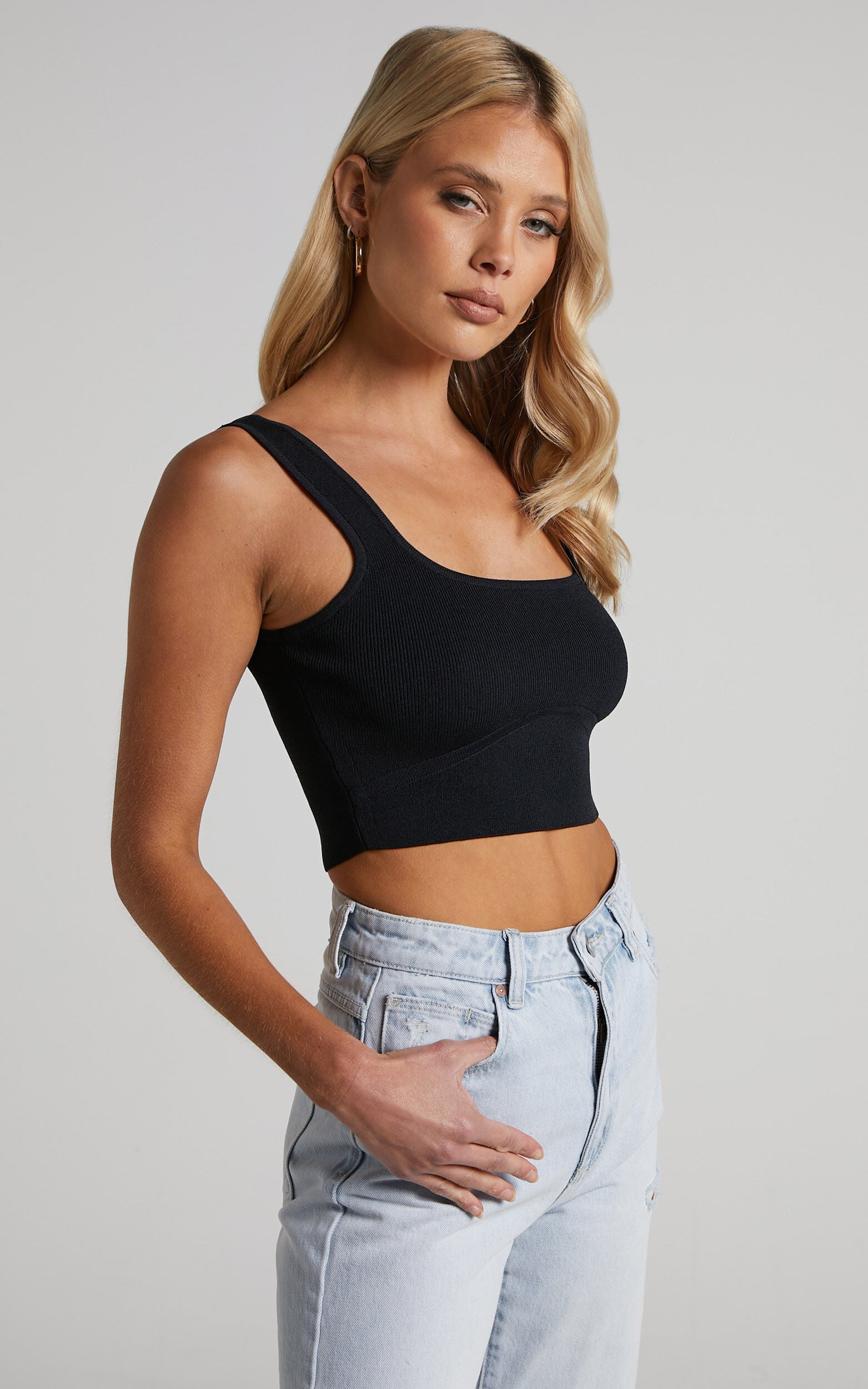 Emlei Top - Square Neck Cropped Knit Top in Black