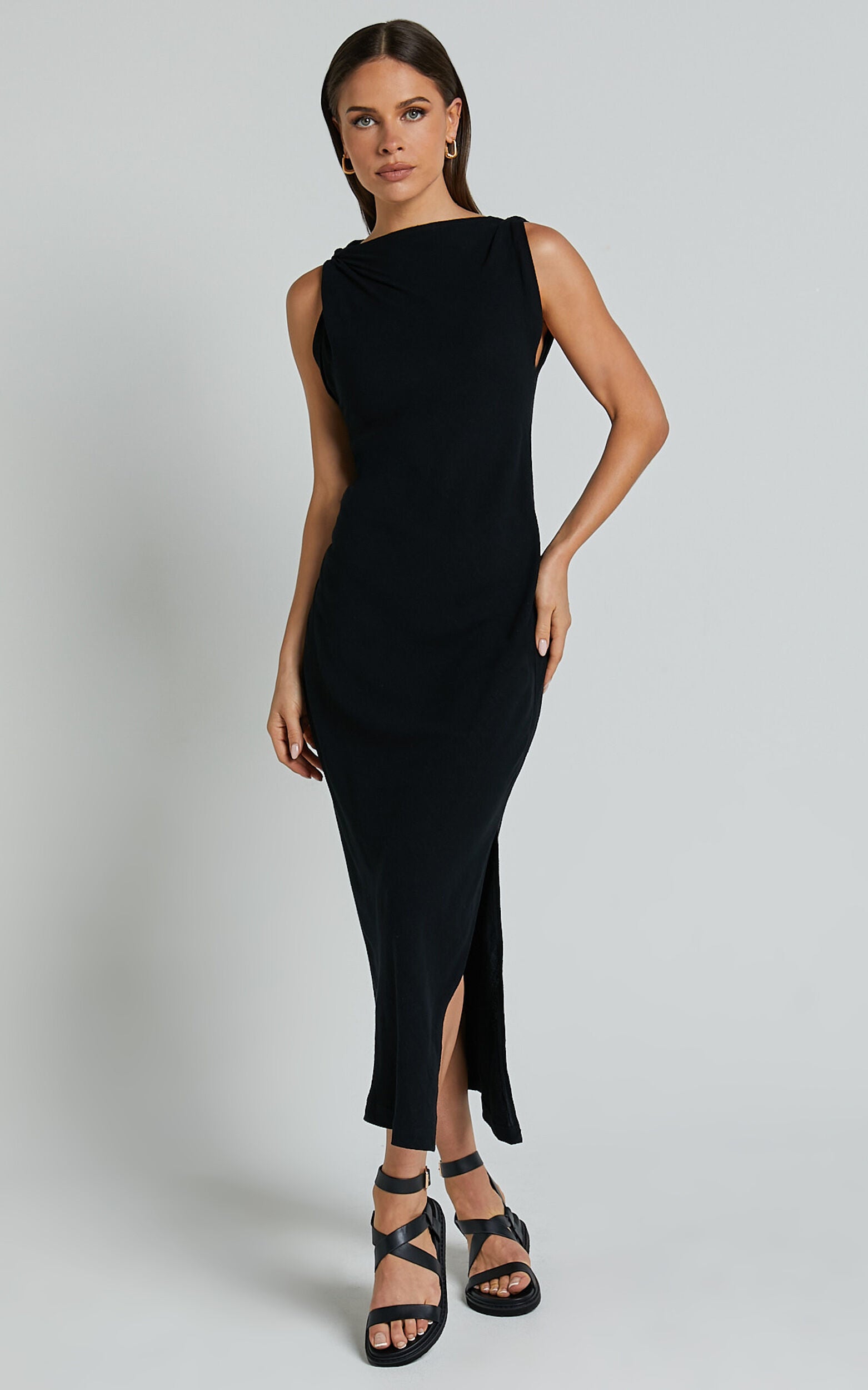 Jessenia Midi Dress - Linen High Neck Dress in Black