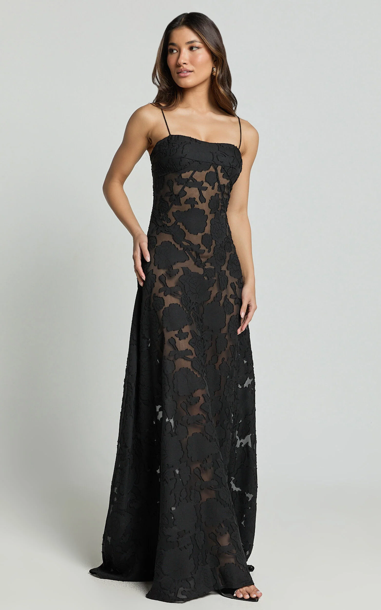 Lily Maxi Dress - Sheer Jacquard Maxi Dress in Black