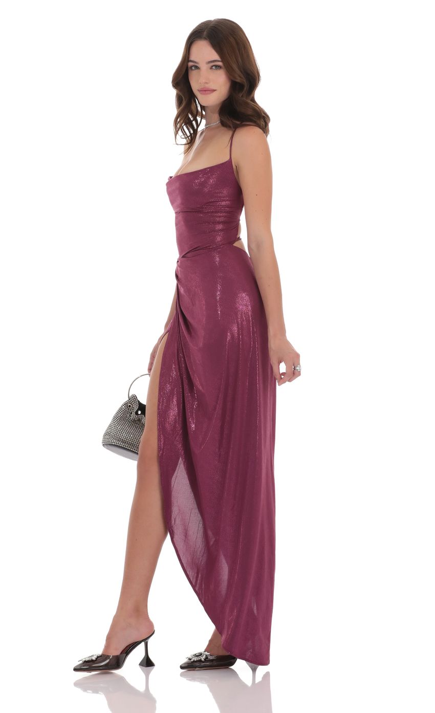 Foiled Asymmetrical Maxi Dress in Plum