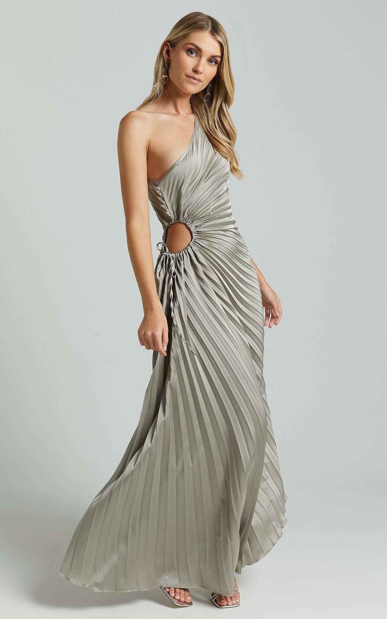 Kitsune Maxi Dress - One Shoulder Cut Out Dress in Sage