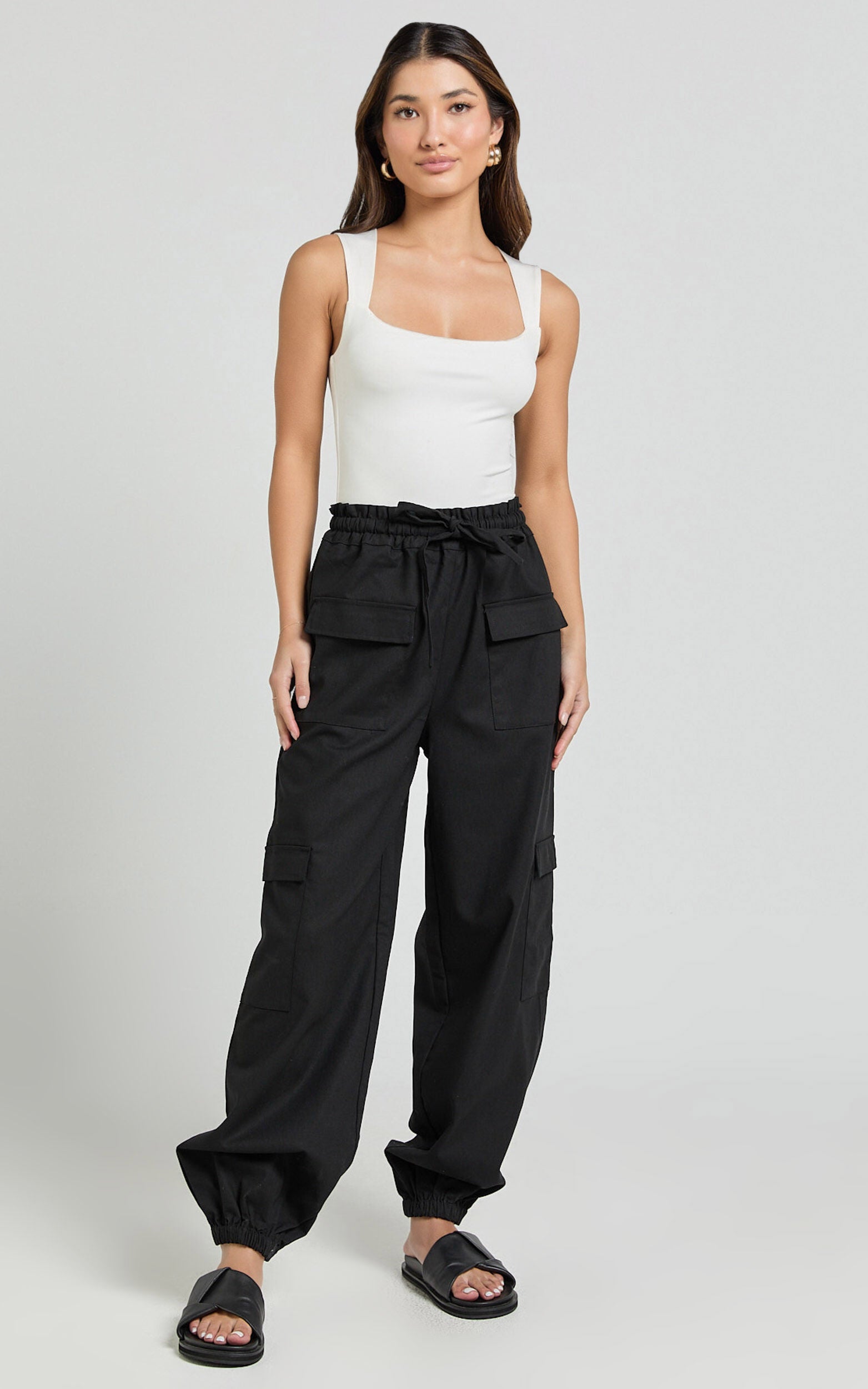 Simpson Pants - Linen Tie Waist Pocket Detail Cargo Pants in Black