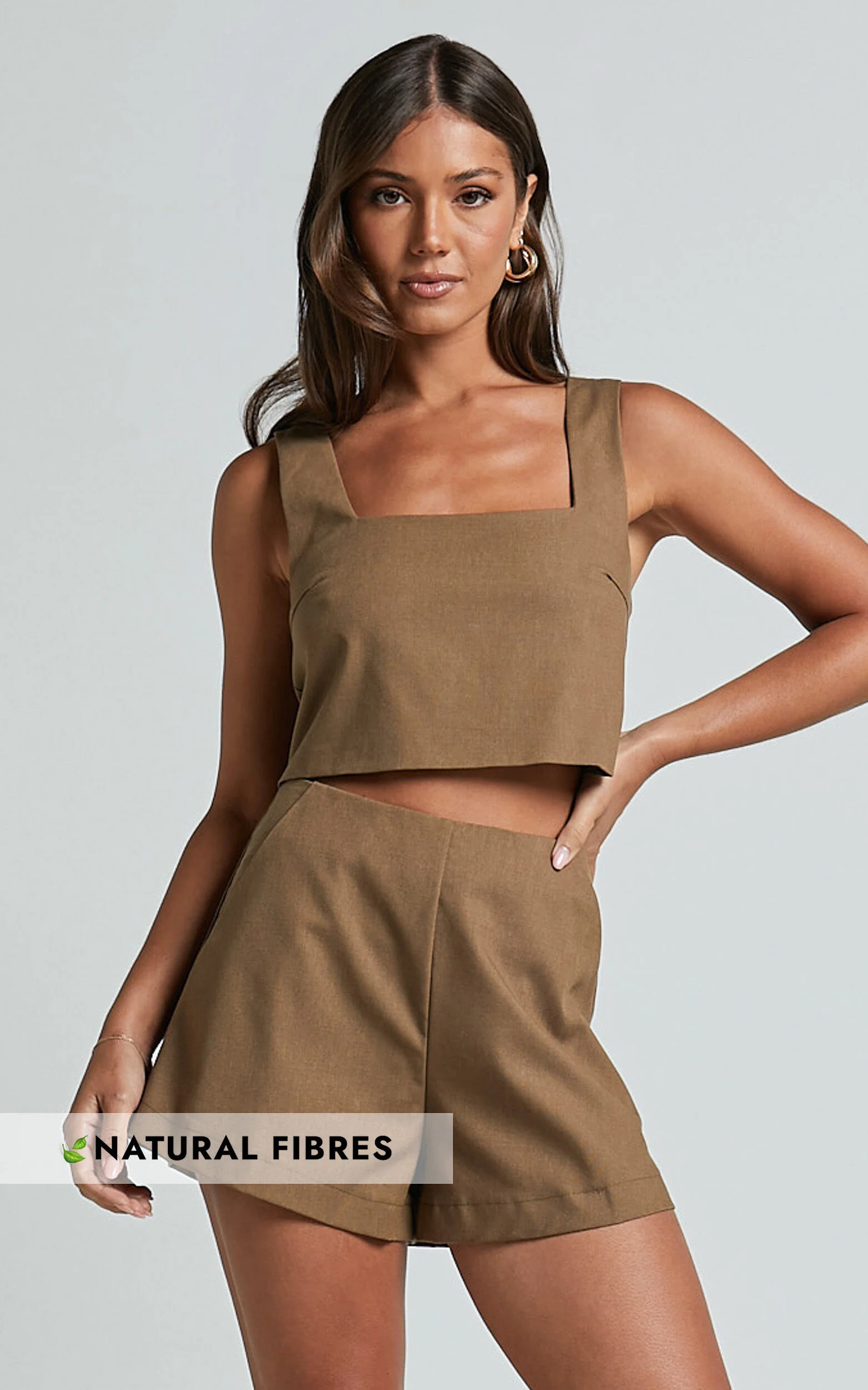 Salvador Two Piece Set - Linen Sleeveless Crop Top and High Waisted Tailored Shorts in Olive
