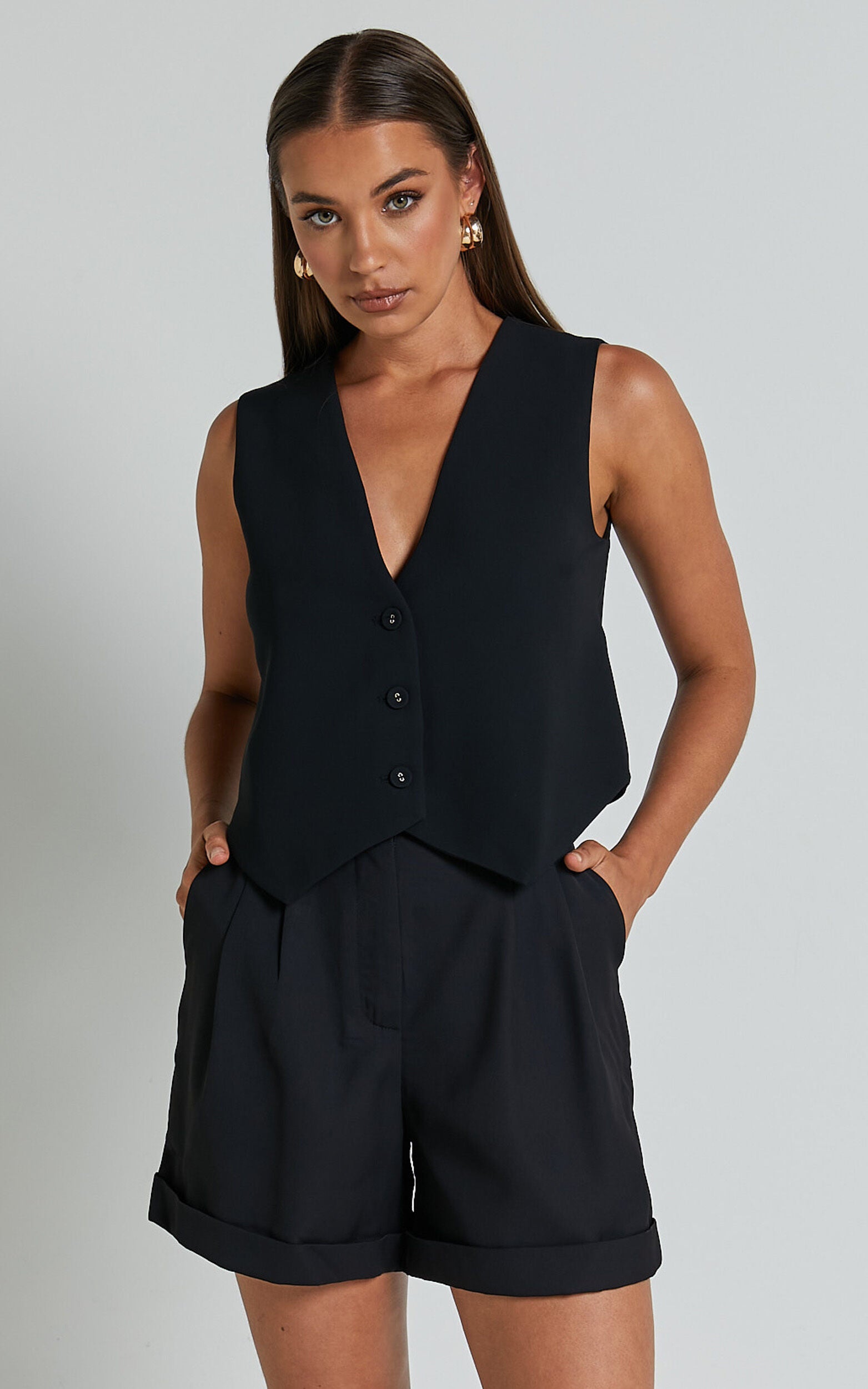 Charla Shorts - High Waisted Cuffed Hem Shorts in Black