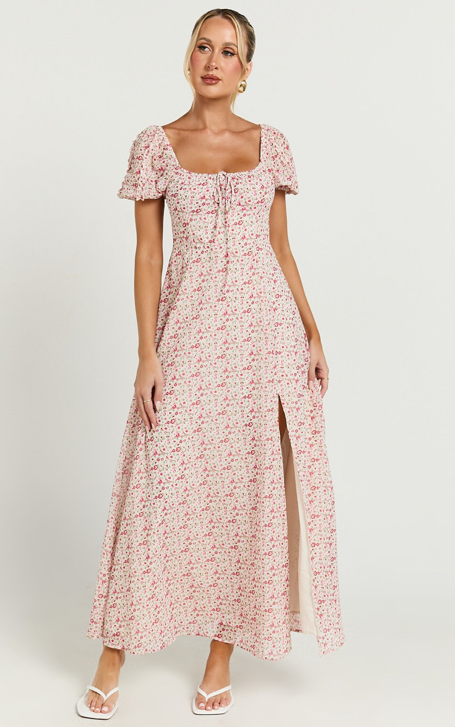 Rhylene Midi Dress - Puff Sleeve Tie Front Detail Midi Dress in Rosy Floral