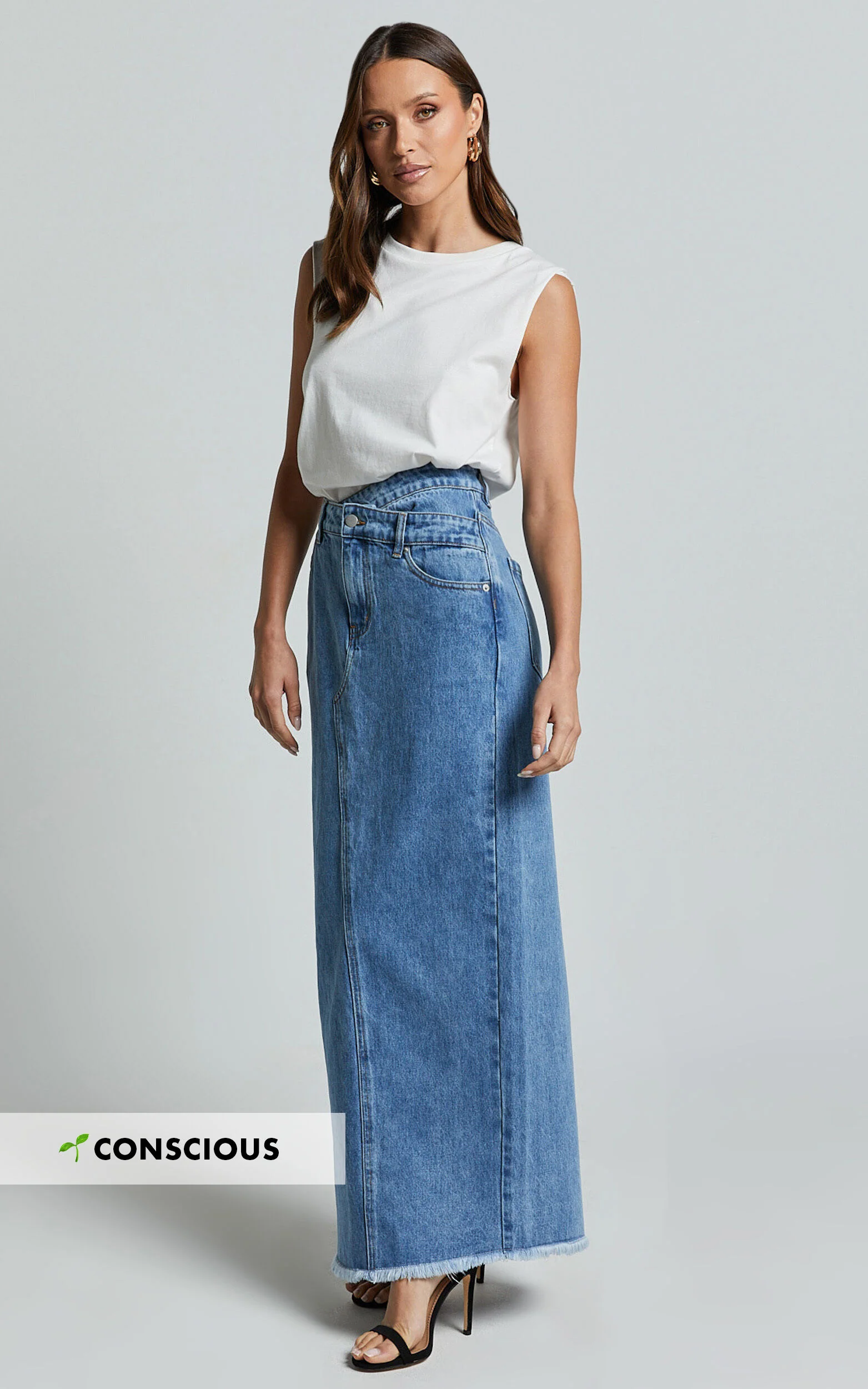 Evelyn Maxi Skirt - High Asymmetrical Waist Frayed Hem Denim Skirt in Mid Blue Wash