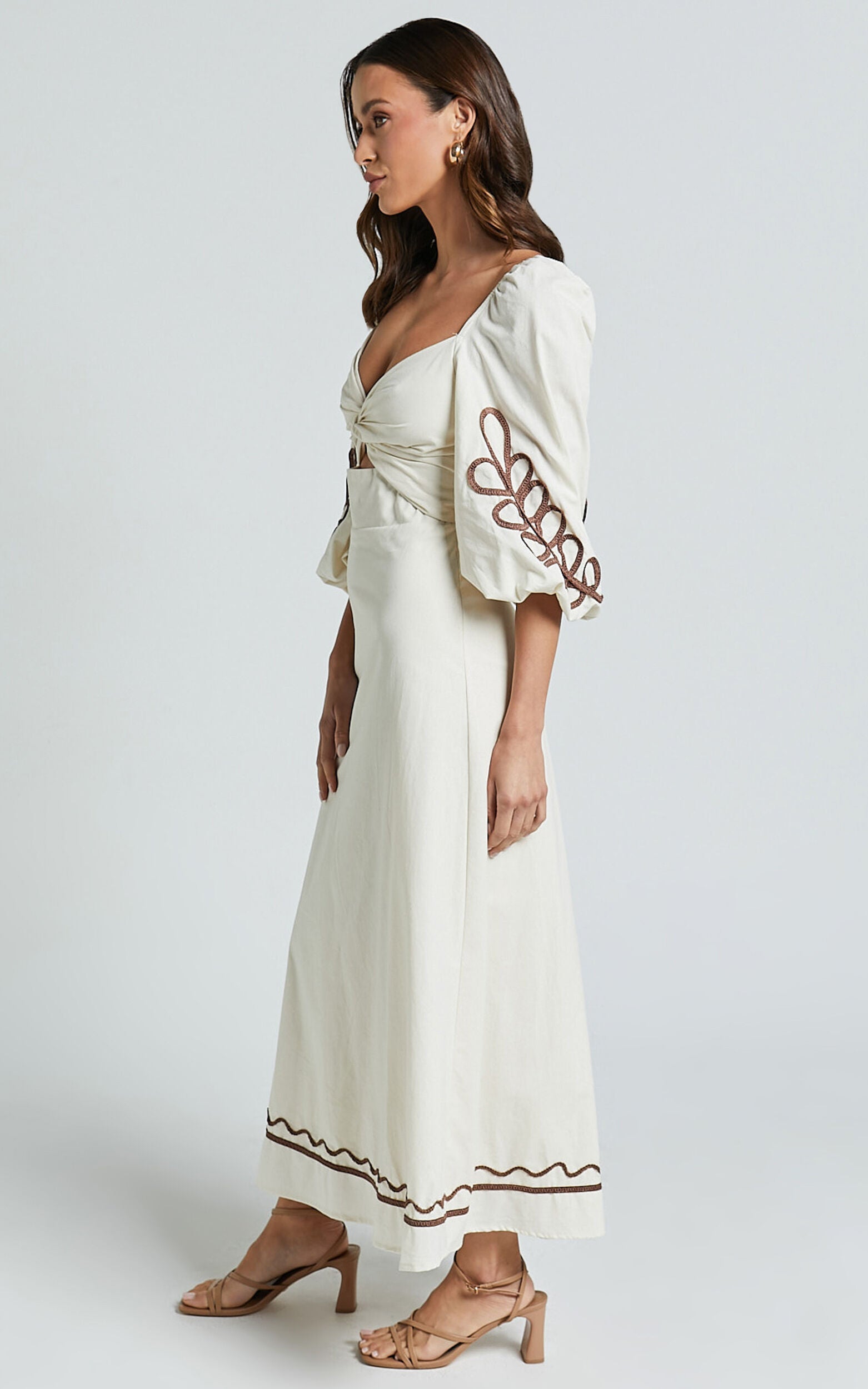 Isadora Midi Linen Dress - Cut Out Long Sleeve Contrast Embroidery Dress in Natural