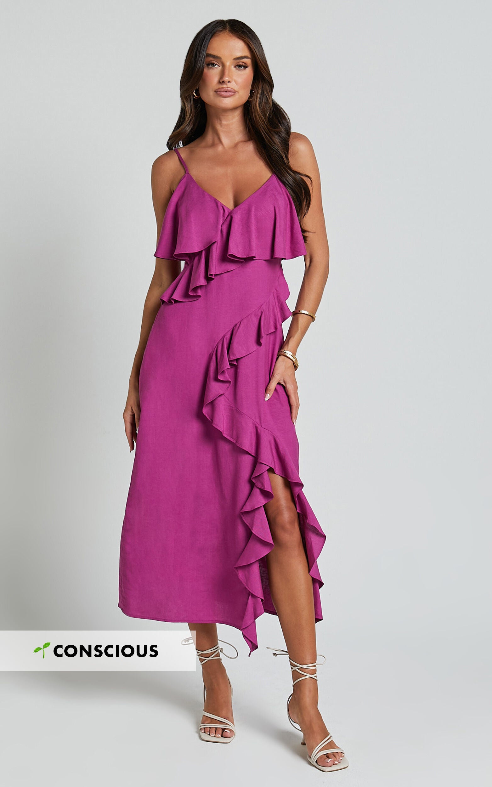 Pearline Midi Dress - Linen Frill Detail Thigh Split Slip Dress in Grape