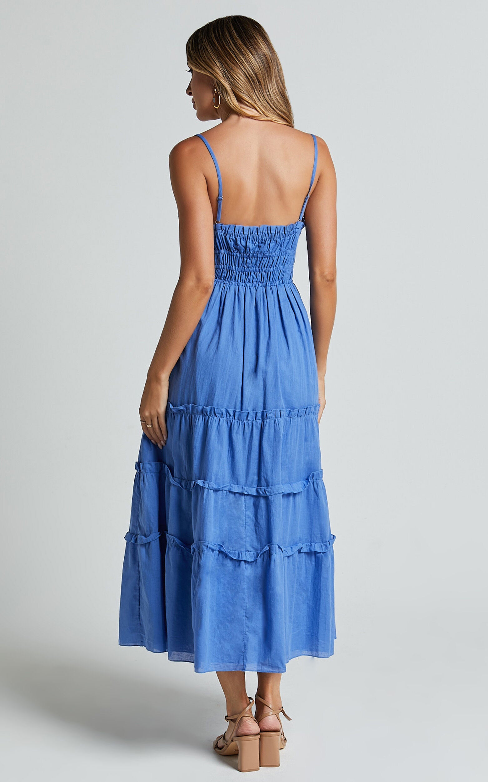Schiffer Midi Dress - Strappy Ruched Tie Front Tiered Dress in Blue