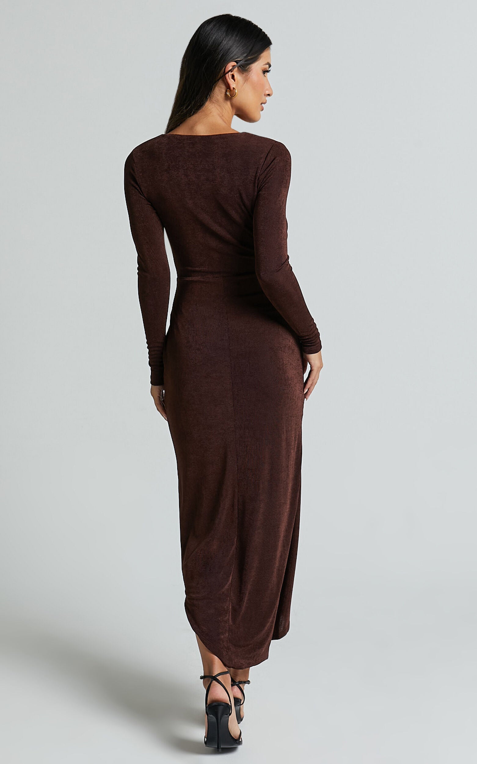 Janina Midi Dress - Plunge Long Sleeve Twist Wrap Asymmetric Dress in Chocolate