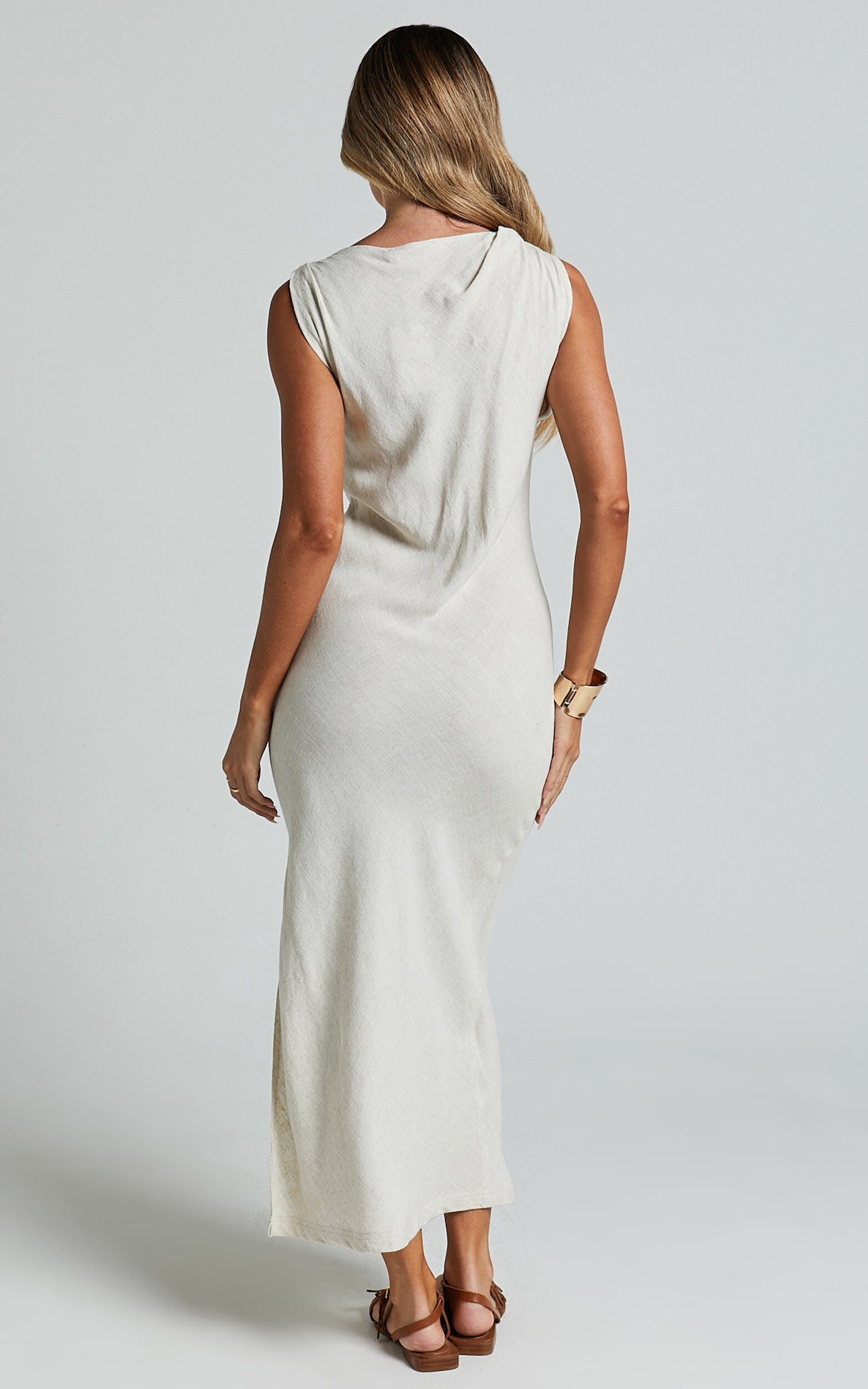 Jessenia Midi Dress - Linen High Neck Dress in Natural