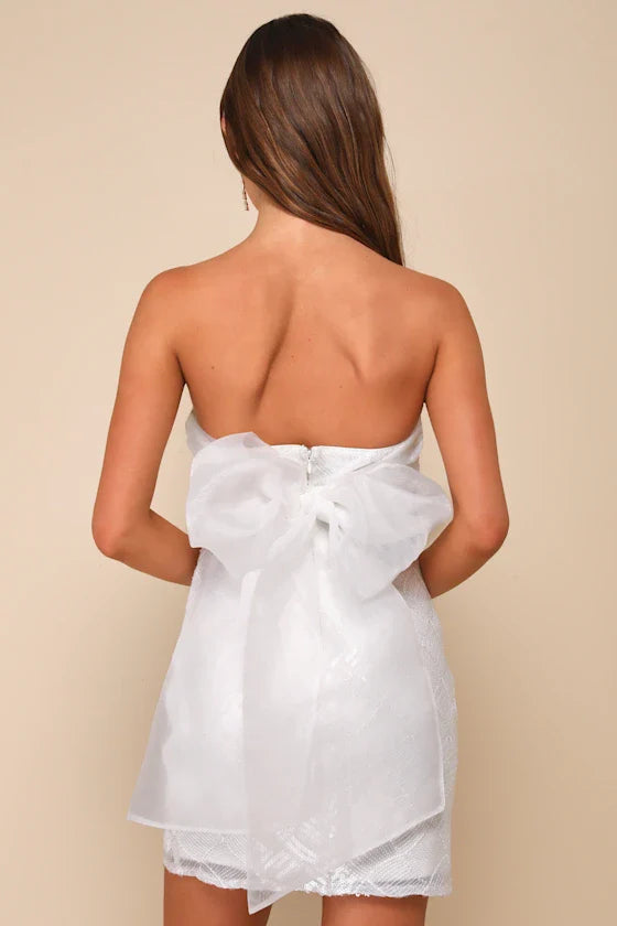 Exquisite Glamour White Mesh Sequin Strapless Bow Mini Dress