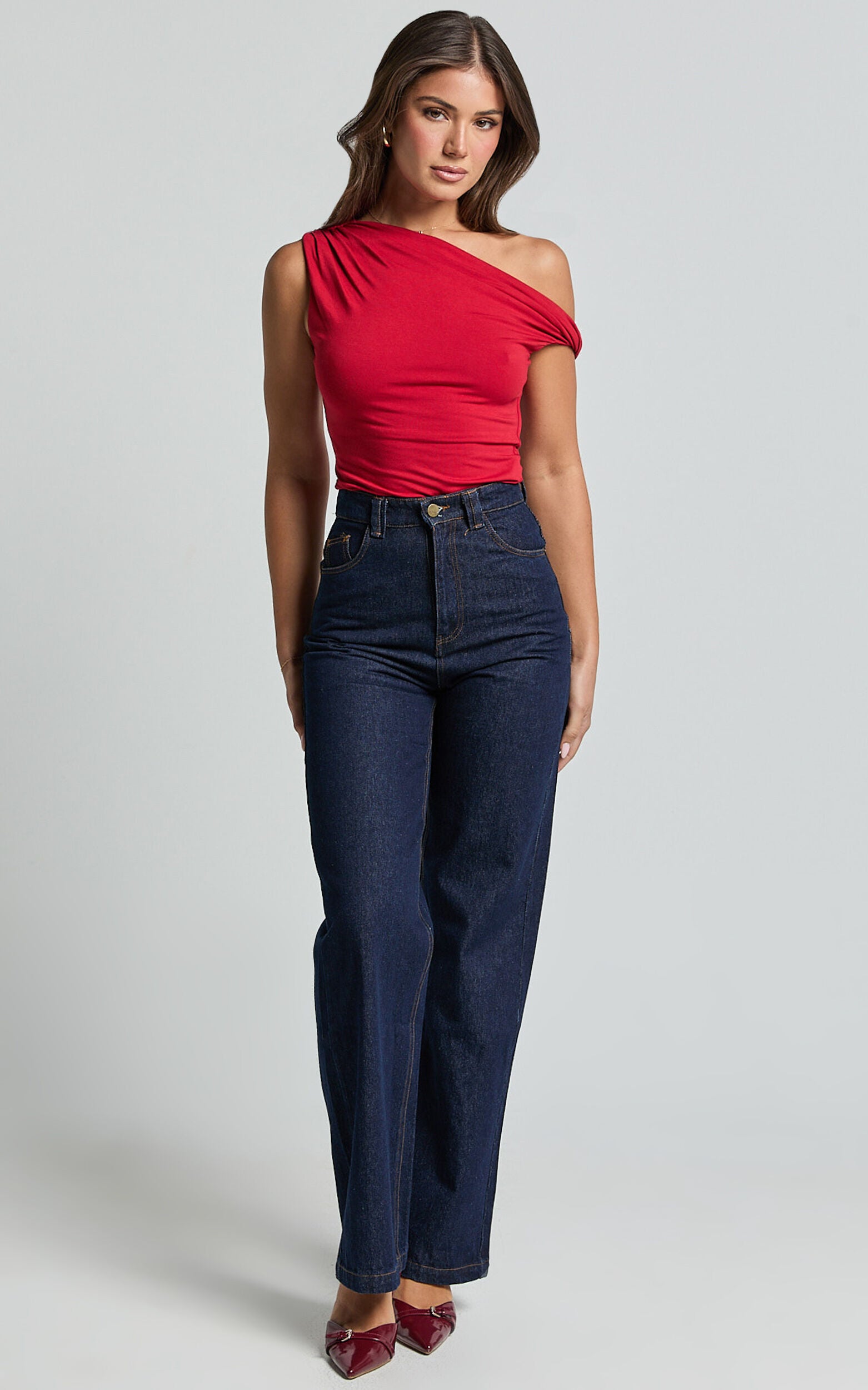 Jialeen Top - Off Shoulder Twist Asymmetrical Sleeve Top in Red