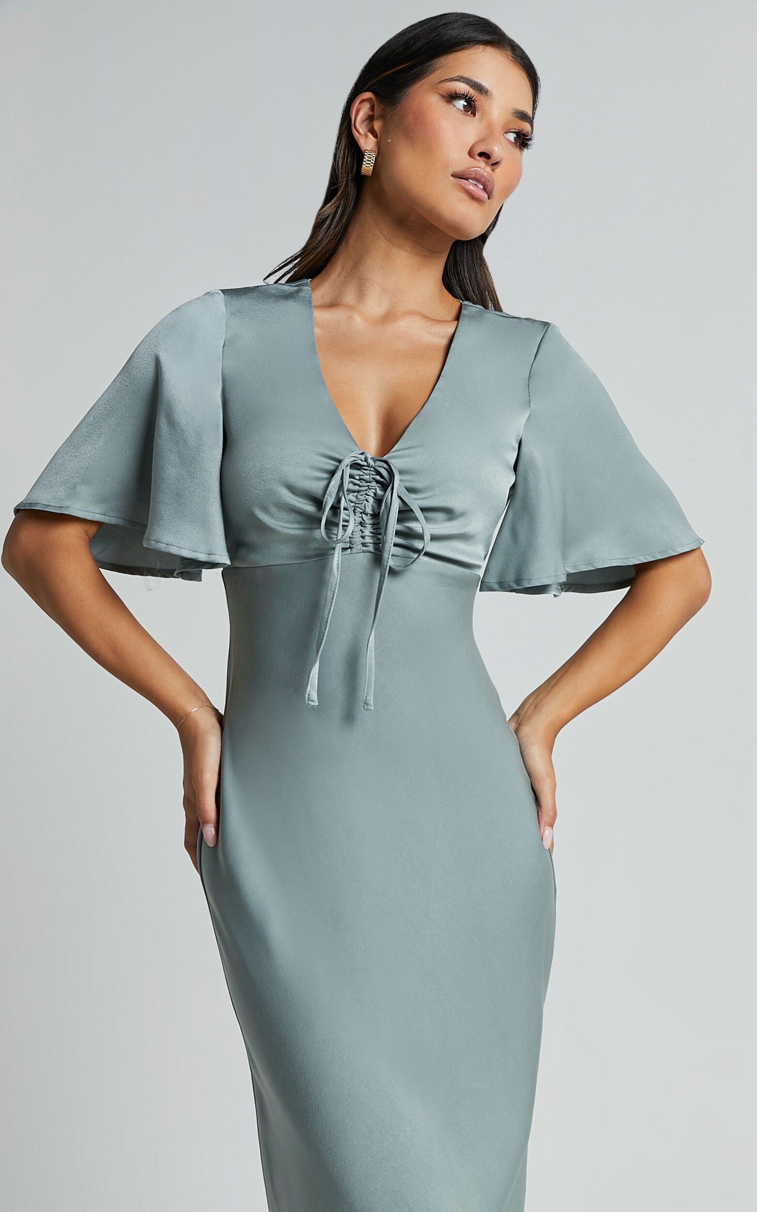 Nicholla Midi Dress - Ruched Front Angel Sleeve Slip Dress in Sage