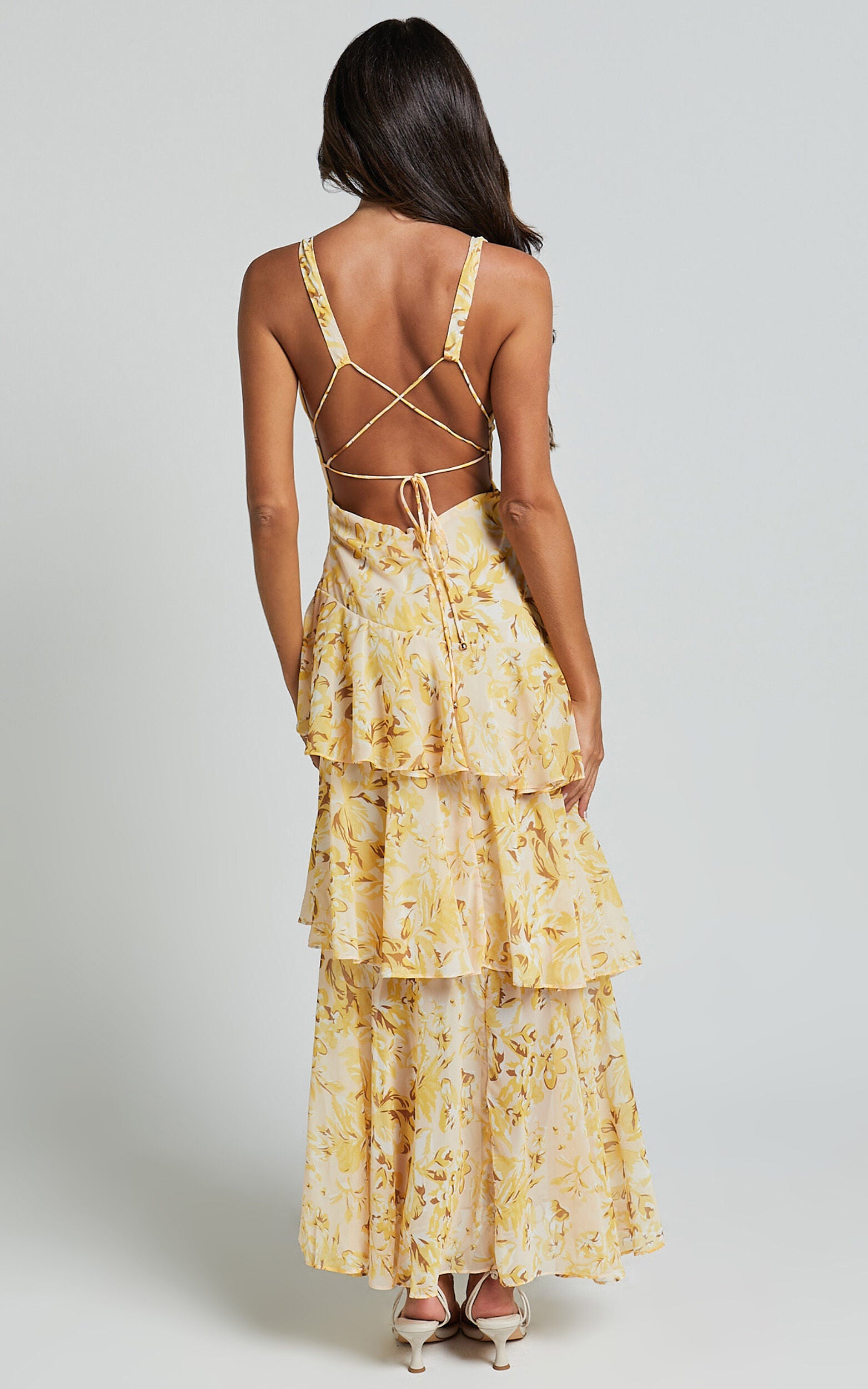Beryl Midi Dress - Deep V Neck Sleeveless Layered Dress in Yellow Floral