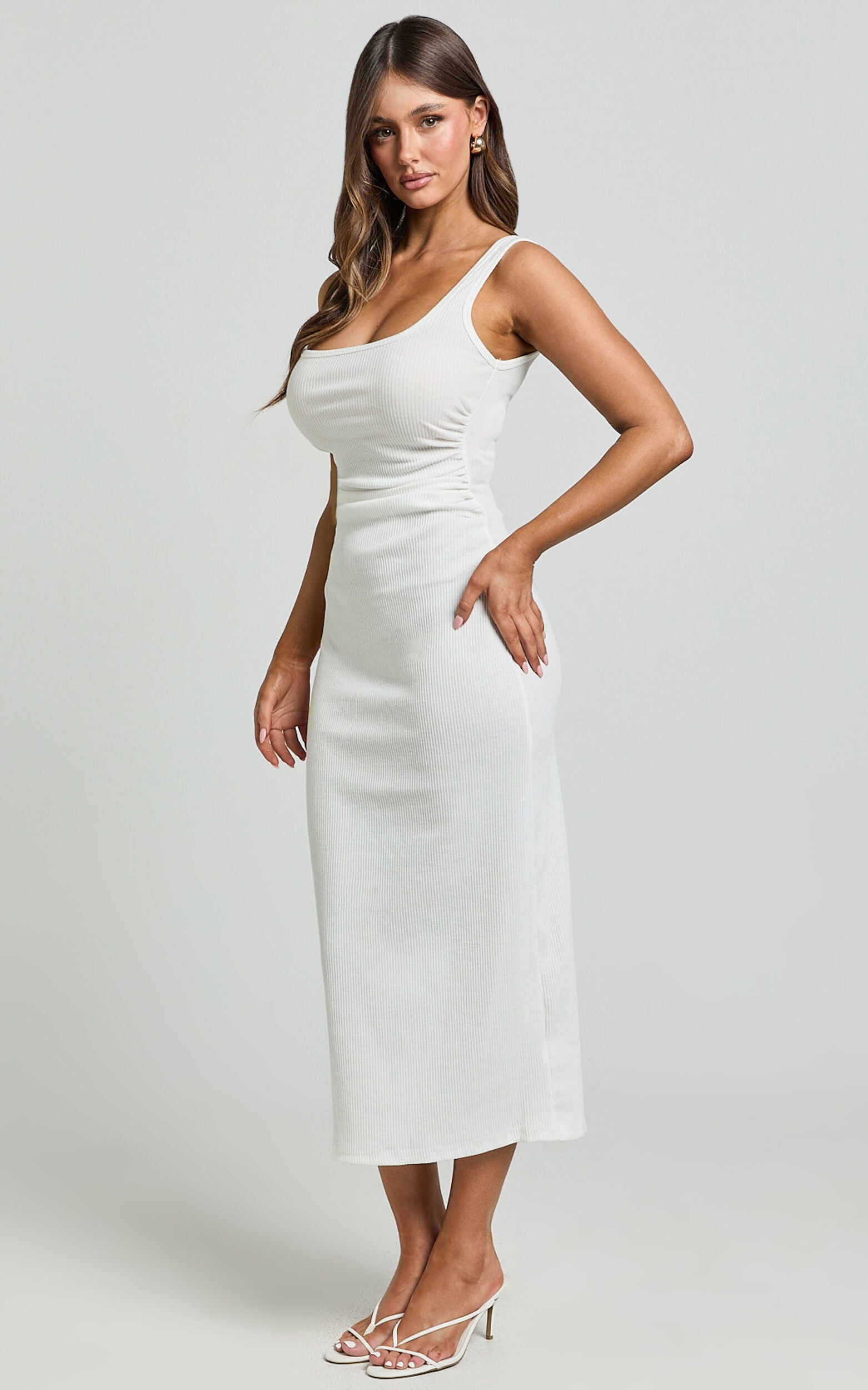 Sarina Midi Dress - Ribbed Scoop Neck Dress in White