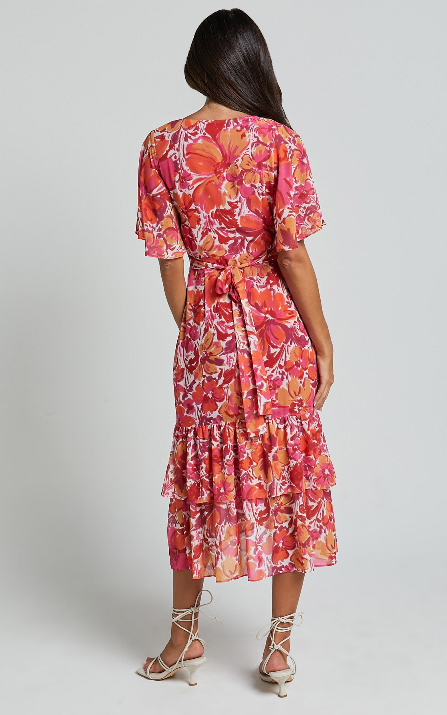 Ramela Midi Dress - V Neck Short Flutter Sleeve Frill Detail Wrap Dress in Paradise Floral
